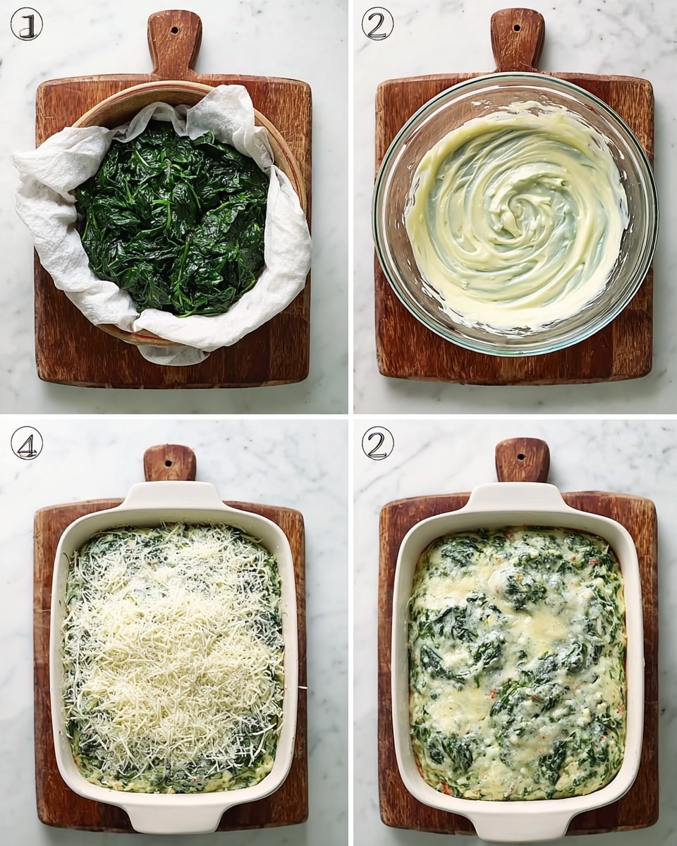 The image shows four steps of making a spinach dish. The first step is a white cloth-lined bowl with wet cooked spinach leaves, dark green in color, resting in it, placed on a wooden board over a white marbled surface. The second step shows a clear glass bowl with a creamy white and green mixture of spinach blended with cheese or sauce, with smooth, swirled texture, sitting on a wooden board over the white marbled surface. The third step is a white baking dish filled with a thick layer of the creamy spinach mix that looks evenly spread and baked, showing dark green leafy spots inside the pale white mixture. The final step shows the same baking dish topped with a layer of finely grated white cheese covering the creamy spinach mixture below, ready for baking or serving, all set on the white marbled texture. photo taken with an iphone --ar 4:5 --v 7