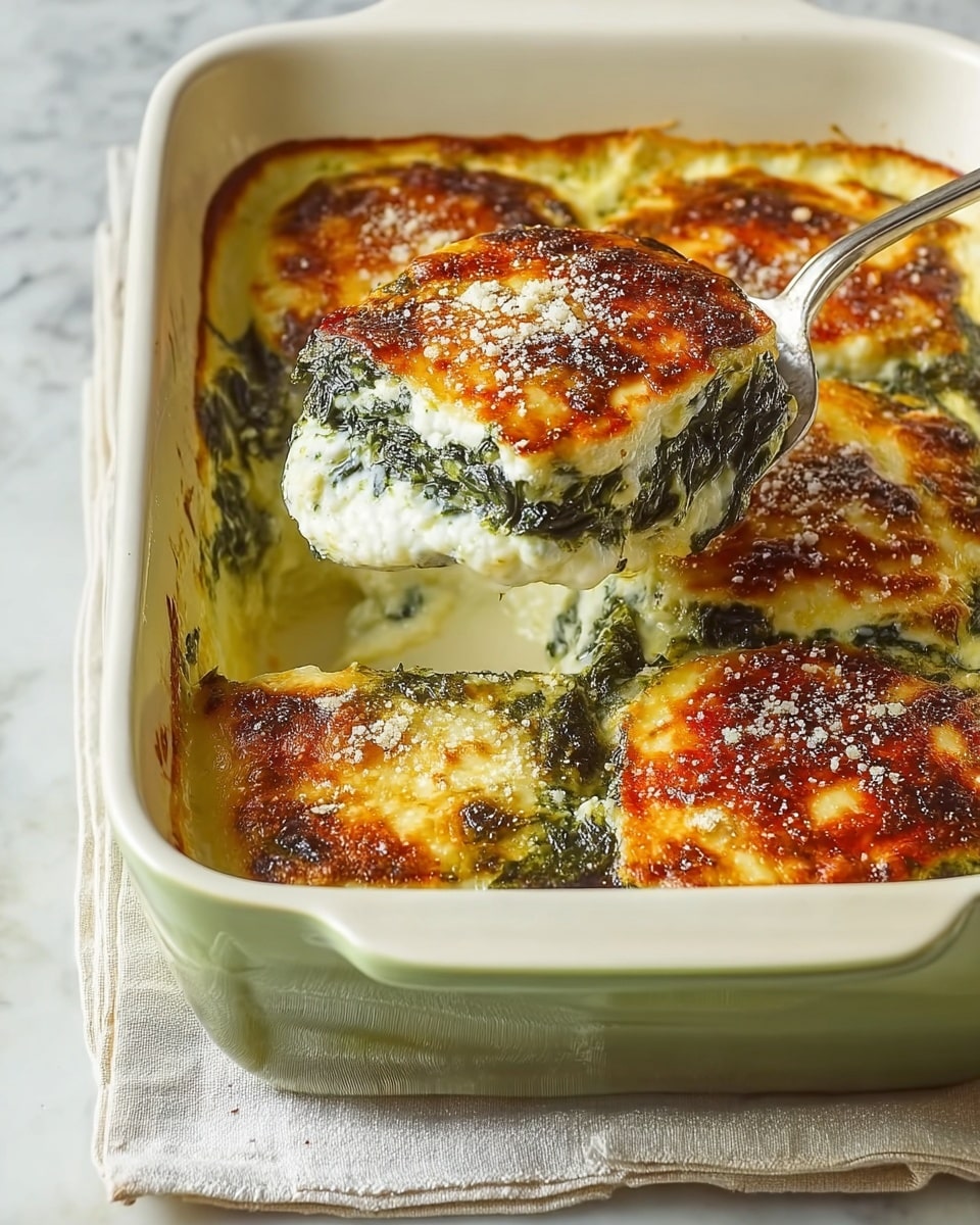 The image shows a baked dish in a white ceramic rectangular baking dish with a greenish tint from light reflection, containing four square portions. Each portion has three visible layers: a creamy white melted cheese base, a middle layer of dark green spinach mixed with cheese, and a top layer covered with a golden-brown melted cheese crust sprinkled with grated cheese, giving a slightly crispy texture. One square is being scooped out with a silver spoon, revealing melted white cheese and spinach inside. The background is a white marbled surface with a soft cloth underneath the dish. Photo taken with an iphone --ar 4:5 --v 7