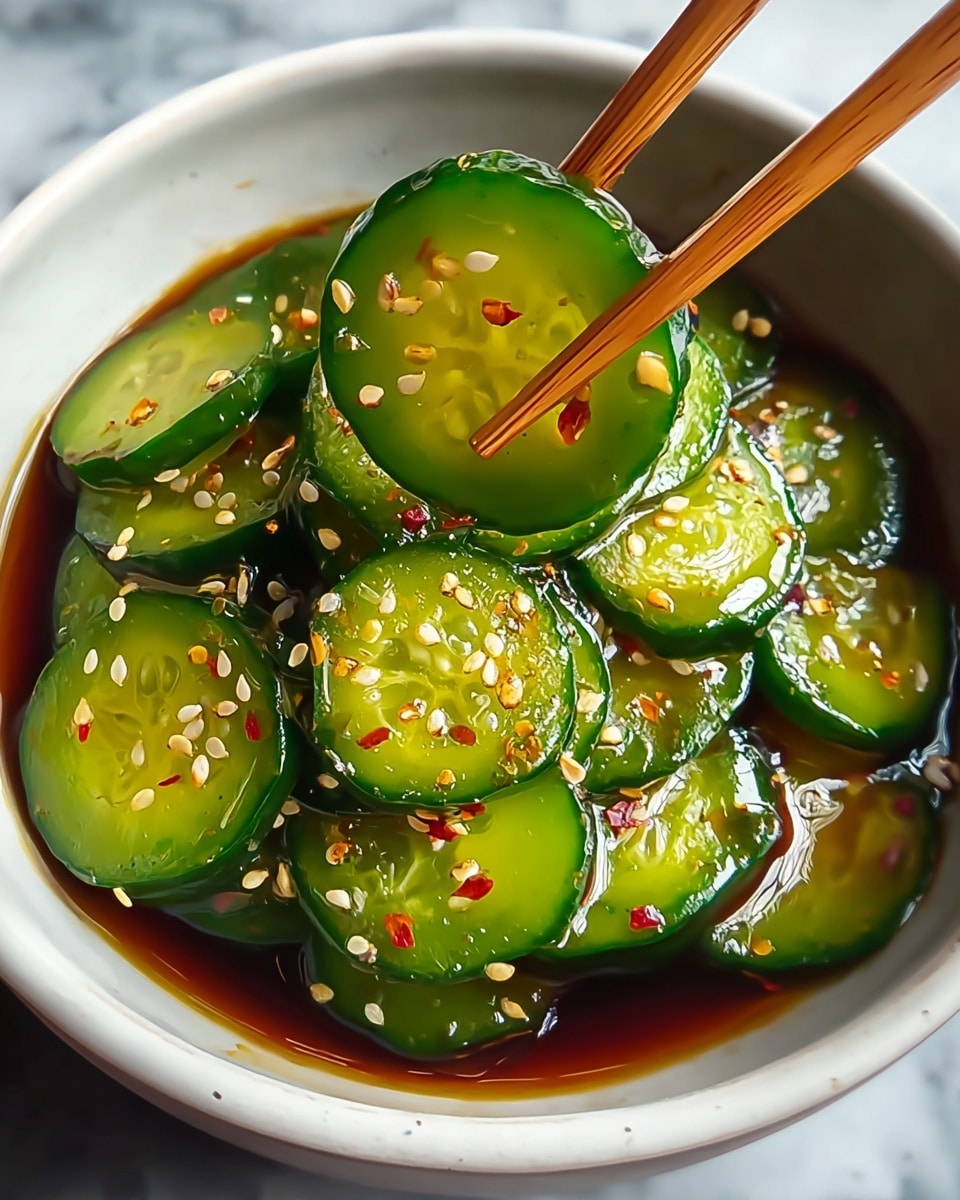 A white bowl filled with bright green cucumber slices soaked in a glossy, dark brown sauce, each slice showing a smooth texture with slightly ridged edges. The cucumbers have small white sesame seeds and tiny red chili flakes scattered evenly on top. A pair of light brown wooden chopsticks holds a cucumber slice above the bowl. The bowl rests on a white marbled surface. photo taken with an iphone --ar 4:5 --v 7