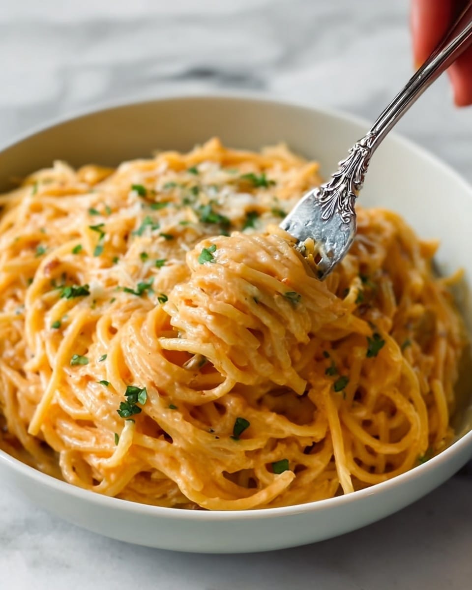 A close-up view of a round white bowl filled with creamy spaghetti pasta coated in a smooth, light orange sauce with small bits mixed in. The pasta is twirled around a detailed silver fork held by a woman's hand, lifting a portion from the bowl. Small green herb bits are sprinkled evenly on top of the pasta, giving a touch of color contrast. The bowl sits on a white marbled surface, enhancing the warm tones of the dish. photo taken with an iphone --ar 4:5 --v 7