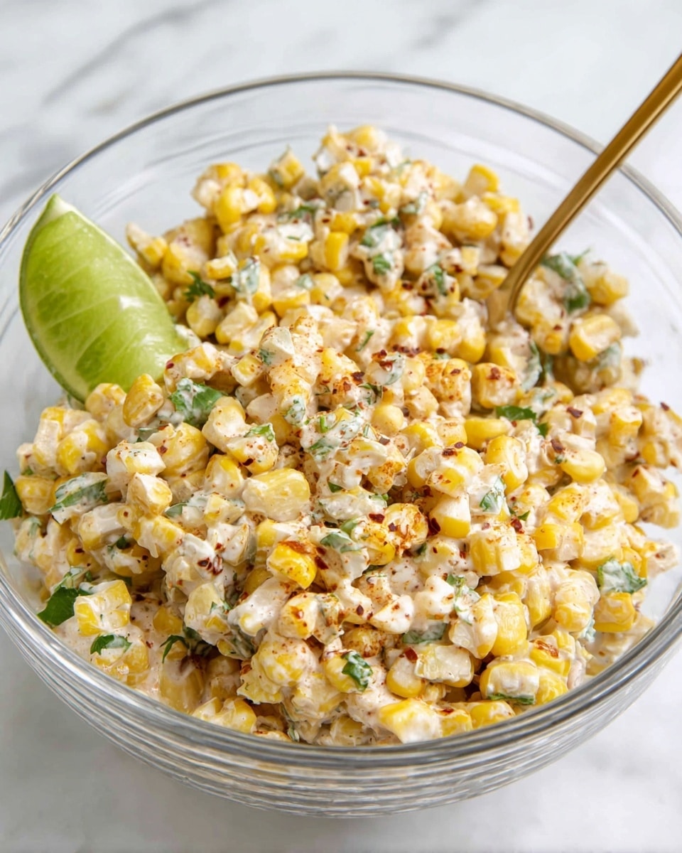 A clear glass bowl filled with a creamy corn salad consisting of bright yellow corn kernels, small pieces of green herbs, and bits of white creamy sauce mixed throughout. There are some lightly toasted corn pieces adding a slightly browned texture and small red spices sprinkled inside the salad. On one side of the bowl, a fresh green lime wedge rests on top, adding a pop of color and freshness. A gold spoon is partially visible, resting inside the bowl. The bowl is placed on a white marbled surface. photo taken with an iphone --ar 4:5 --v 7