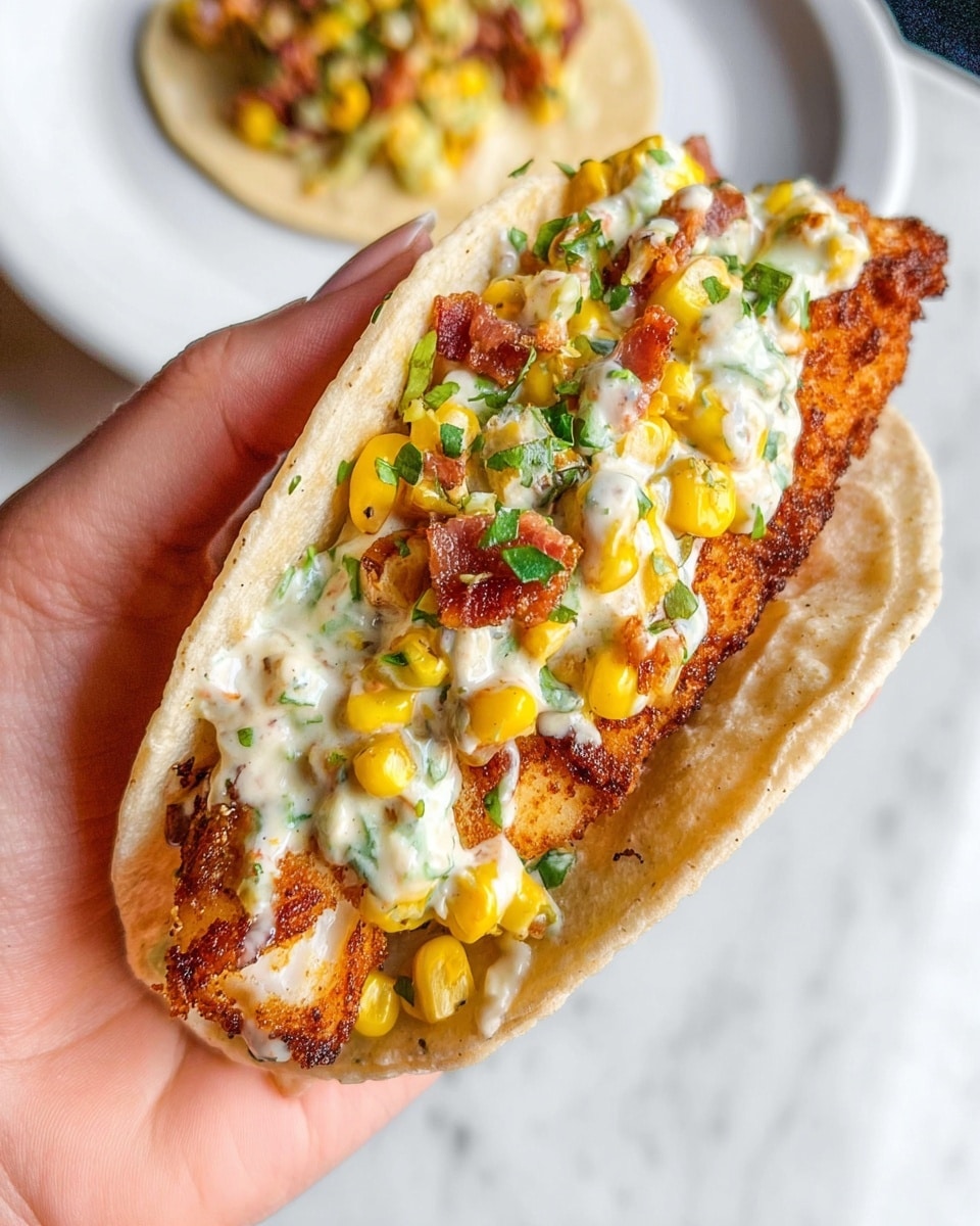 A taco held by a woman's hand shows three main layers: the base layer is a soft, light beige tortilla; on top sits a golden brown piece of fried chicken with a crispy texture; layered above and around the chicken is a creamy white sauce with green herbs dotted in it, mixed with bright yellow corn kernels and small bits of reddish-brown bacon. The background features a white marbled surface with a second taco blurred out in a white plate behind. Photo taken with an iphone --ar 4:5 --v 7