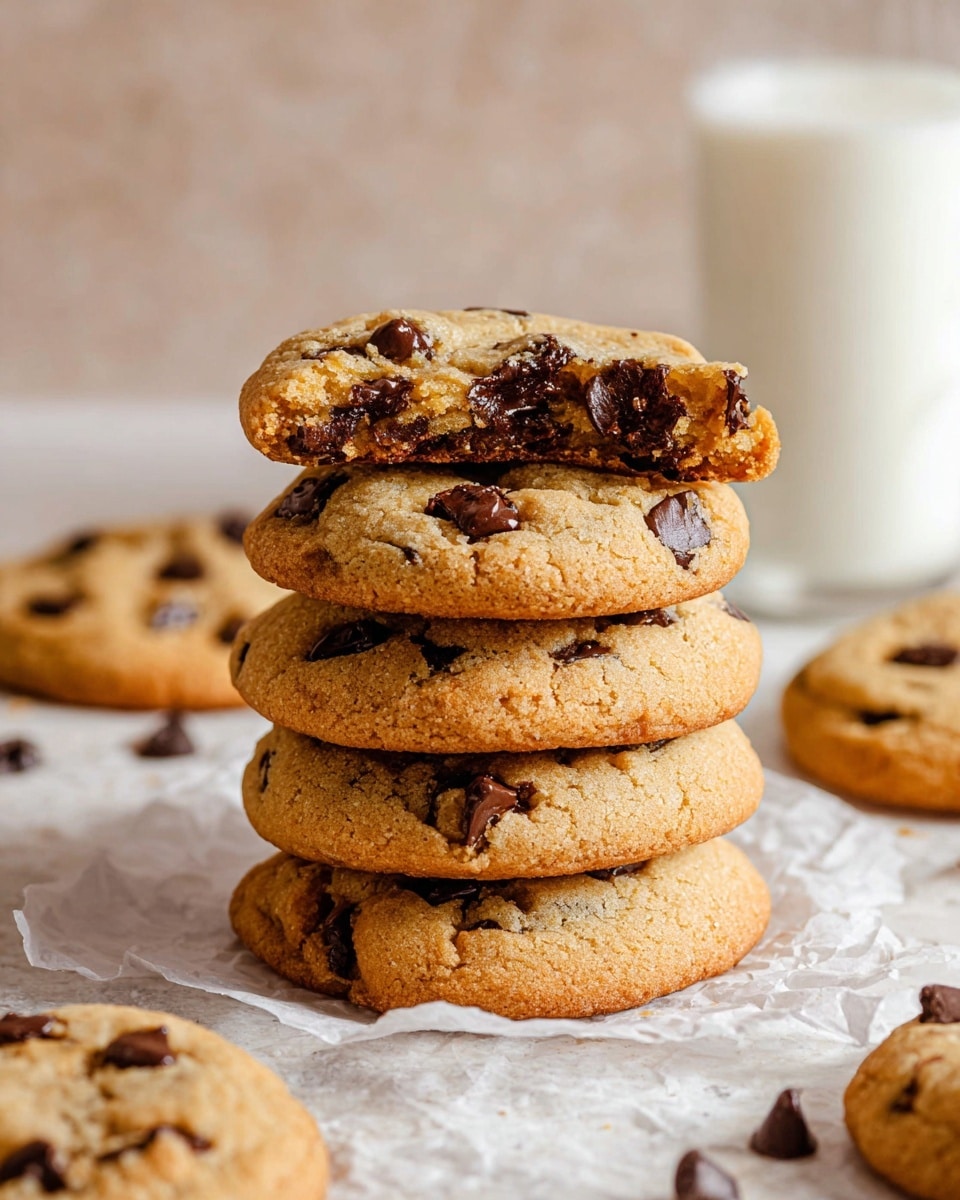 A stack of five round chocolate chip cookies with a light golden brown color and visible dark chocolate chips is placed in the center. The top cookie is partially broken in half, showing a soft, moist inside with melted chocolate. Around the stack, several more whole cookies lie flat on crinkled white parchment paper. In the background, there is a glass of white milk blurred softly. The setting is on a white marbled surface, giving a clean and bright look photo taken with an iphone --ar 4:5 --v 7