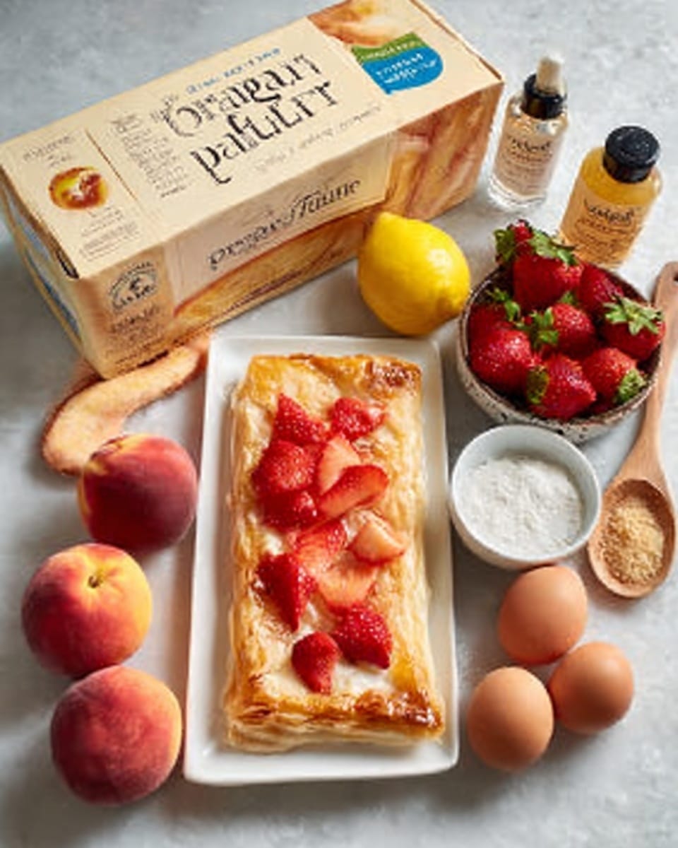 The image shows a white rectangular plate with a flaky, golden-brown pastry topped with bright red strawberries and a light drizzle of white glaze. Around the plate are several fresh peaches with soft orange and pink skin, a yellow lemon, a wooden spoon filled with brown sugar, a small white bowl of white granulated sugar, a bottle of vanilla extract, and two brown eggs arranged on a white marbled surface. A packaged box labeled
