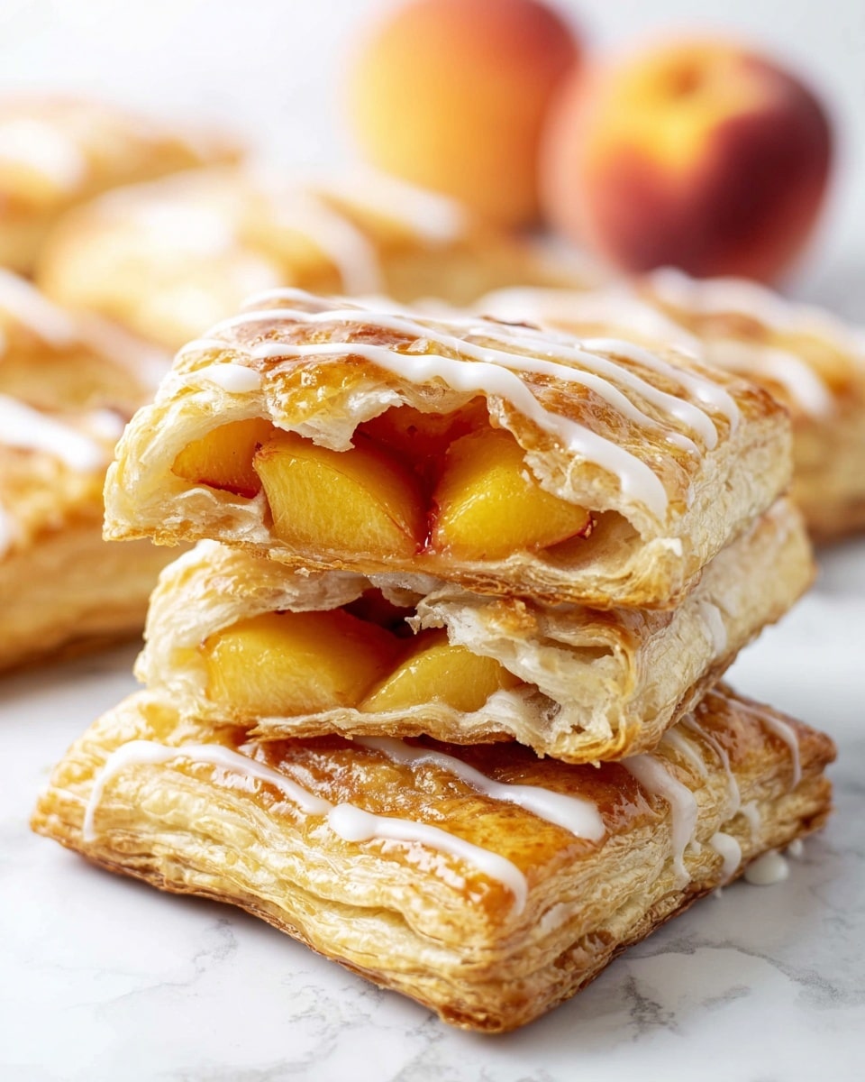 The image shows a close-up of two square peach pastries stacked on top of each other on a white marbled surface. The bottom pastry has a shiny, golden-brown puff pastry crust with visible layers, crimped edges, and white icing drizzled in thin lines over the top. The top pastry is broken in half and stacked, revealing bright orange peach slices inside, surrounded by flaky, light golden puff pastry layers that look soft and airy. In the background, there are more peach pastries and a whole peach that is orange and red in color. The scene is brightly lit with a soft focus on the background. photo taken with an iphone --ar 4:5 --v 7