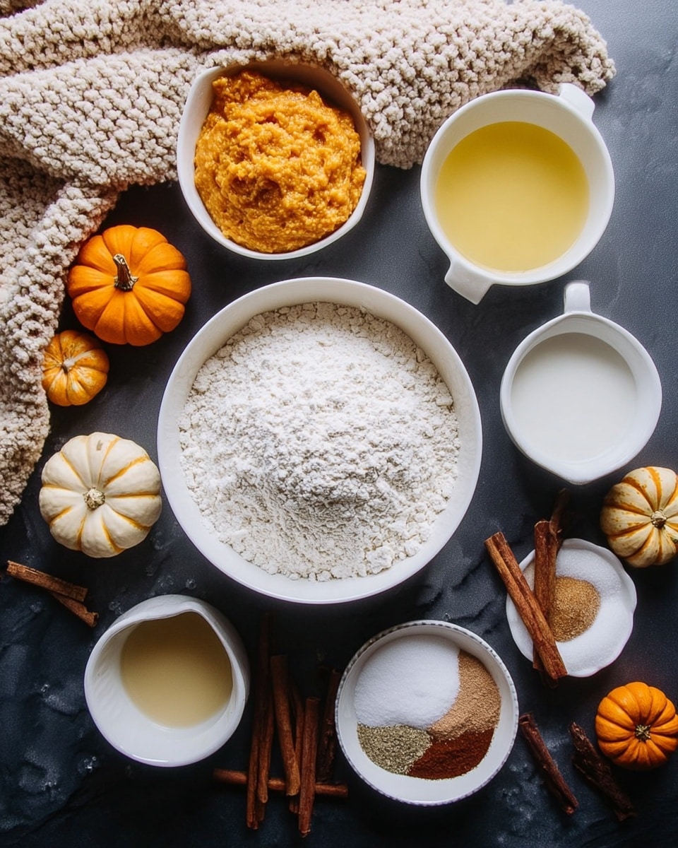 A white bowl in the center filled with a light powdery flour layer, surrounded by smaller white bowls holding different ingredients: a smooth orange mash in a bowl at the top, a yellow liquid in a bowl at the bottom left, a foamy white liquid in a bowl on the right, and a measuring cup with granulated white sugar next to it. Near the sugar is a smaller measuring cup with a light brown liquid. On the right side, a small white dish holds a layered mix of brown spices and white powders. Cinnamon sticks and other spices are scattered around the dishes on a dark surface. A white marbled texture is added under the items, and a bowl of small pumpkins and gourds sits to the upper left on a soft beige knitted fabric. Photo taken with an iphone --ar 4:5 --v 7