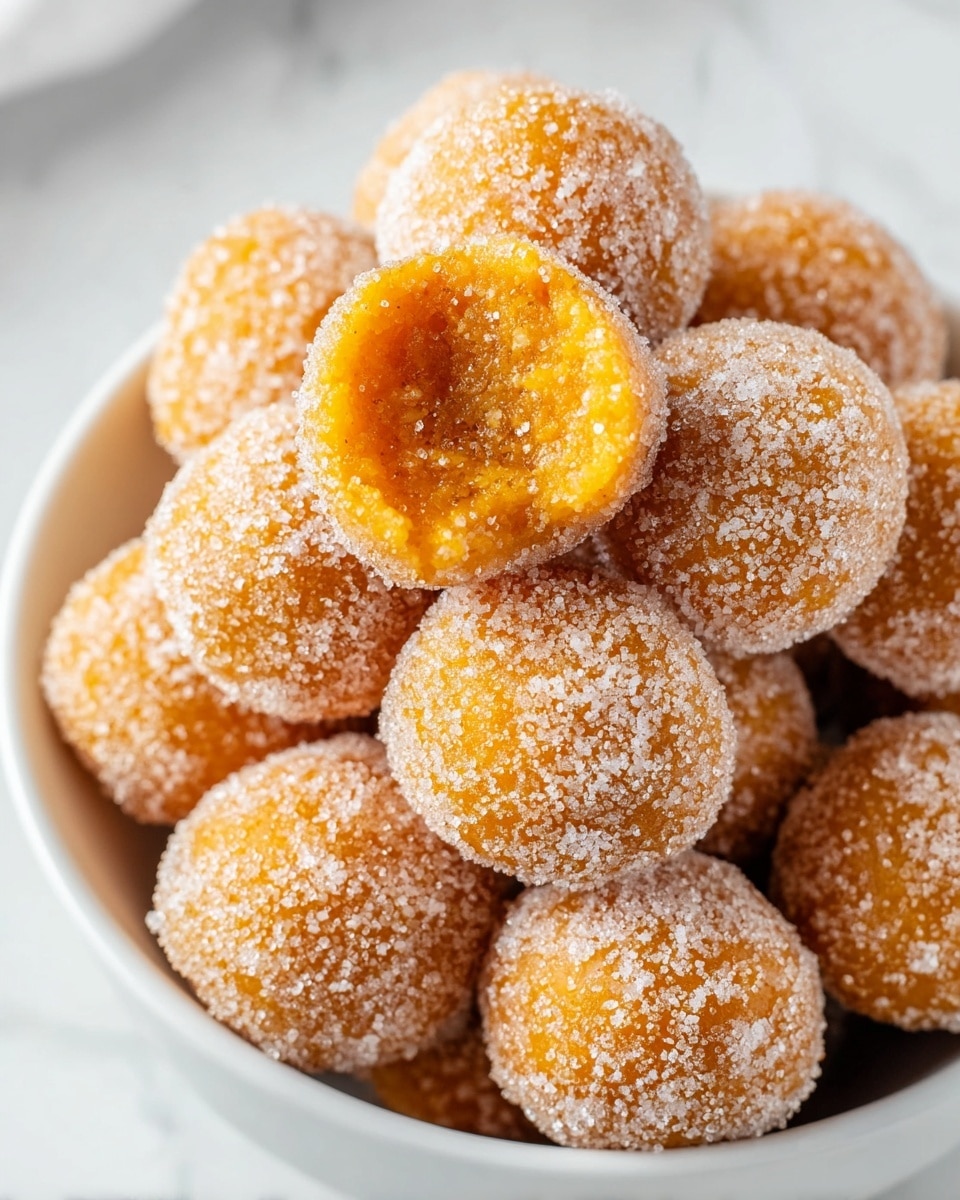 A close-up view of a white bowl filled with small round balls that have a bright orange color inside and are coated with a layer of white sugar crystals mixed with fine brown specks. The balls are piled high, with one ball near the center showing a small bite taken out, revealing a soft textured orange inside dusted with the brown specks. The bowl is set on a white marbled surface. photo taken with an iphone --ar 4:5 --v 7