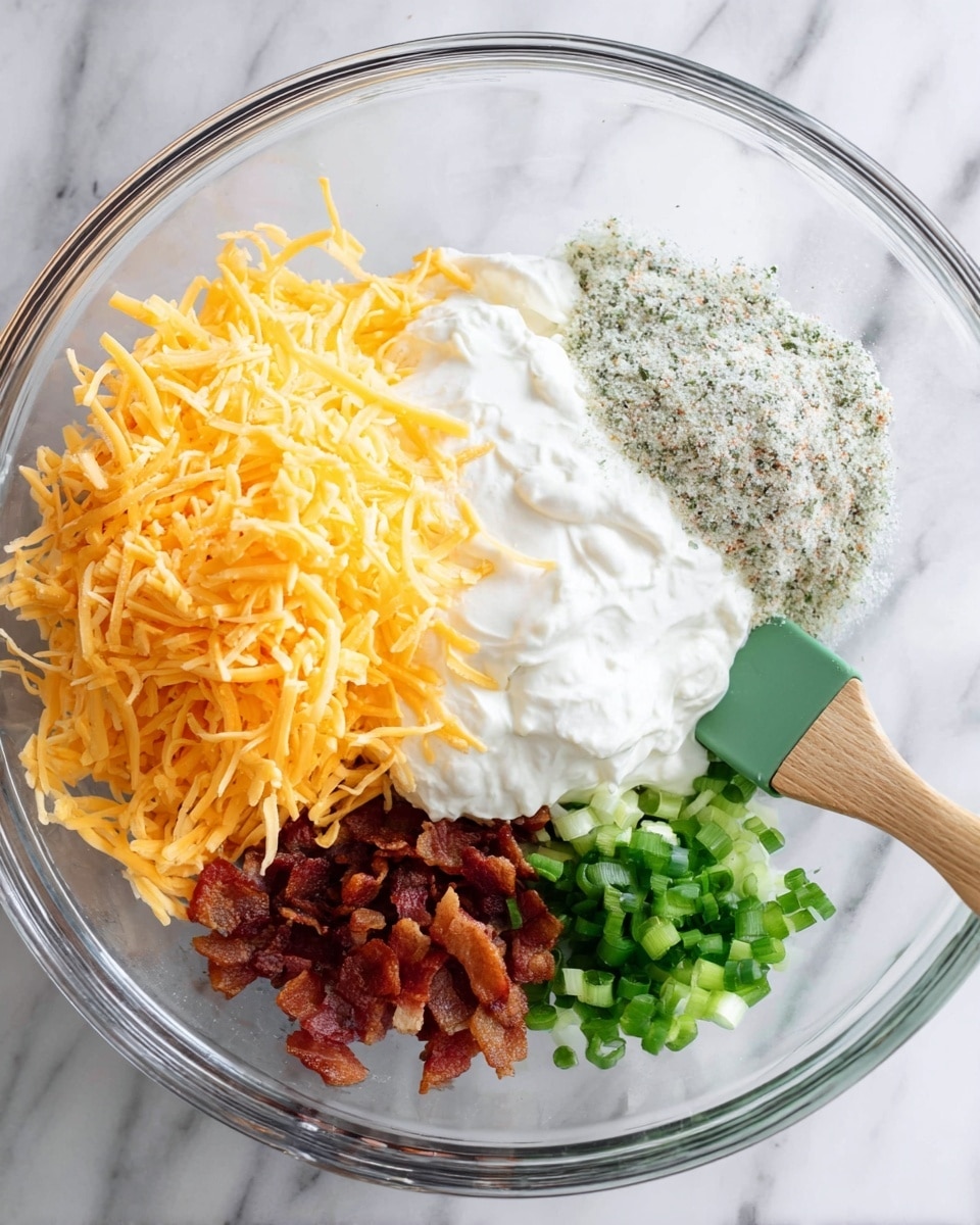 A clear glass bowl sitting on a white marbled surface holds five separate ingredients ready to be mixed: a large pile of shredded orange cheddar cheese is on the top left, a heap of white creamy mixture fills the bottom left, to the right of that is a small pile of cooked bacon pieces in dark reddish-brown, and next to the bacon is a small pile of chopped green onions. On the top right, there is a pile of light gray seasoning mix with visible small black and green specks. A green and wooden spatula rests inside the bowl, partially touching the ingredients. Photo taken with an iphone --ar 4:5 --v 7