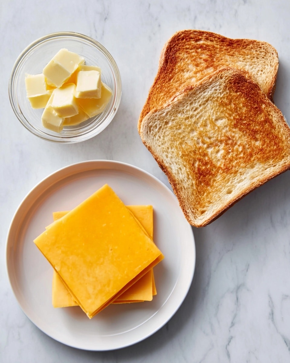 The image shows two slices of toasted bread with a light brown and crispy texture placed on a white marbled surface. Next to the toast, there is a white plate with two bright orange square slices of cheese stacked neatly on top of each other. Above the toast and cheese, a small clear glass bowl contains several small square pieces of pale yellow butter. The scene is simple and clean, with all the food items arranged on a white marbled background, giving a fresh and bright look photo taken with an iphone --ar 4:5 --v 7