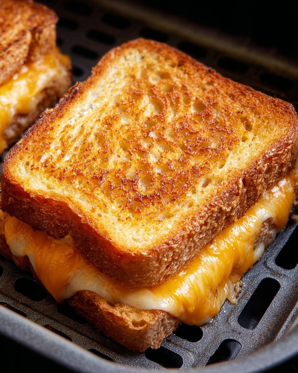 A grilled sandwich with two layers of bread, each toasted to a golden brown with a crunchy texture and small air bubbles visible on the surface. Between the bread layers, melted cheddar cheese is oozing slightly from the edges, showing an orange-yellow smooth and creamy texture. The sandwich sits in a black air fryer basket with a grid pattern, and the edges of another similar sandwich are partially visible. The lighting highlights the crispy and shiny surface of the toasted bread. photo taken with an iphone --ar 4:5 --v 7