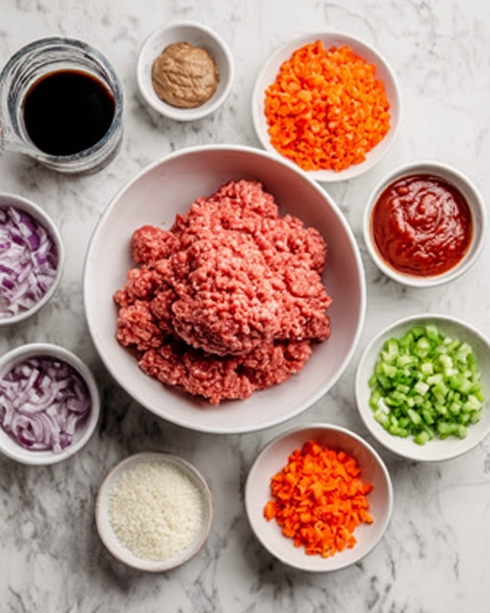 A white bowl in the center holds a mound of raw ground meat with a soft texture and a reddish-pink color. Surrounding the bowl are six small white bowls filled with various ingredients: finely chopped orange carrots in one, chopped purple onions in another, minced green celery in a small dish, a thick red sauce in another, a white powdery ingredient in a bowl, and two more bowls with brown and red pastes. At the top left, a glass cup holds a dark liquid, likely soy sauce or a similar sauce. All bowls and cup are arranged neatly on a white marbled background, with a woman's hand reaching in from the right side. photo taken with an iphone --ar 4:5 --v 7