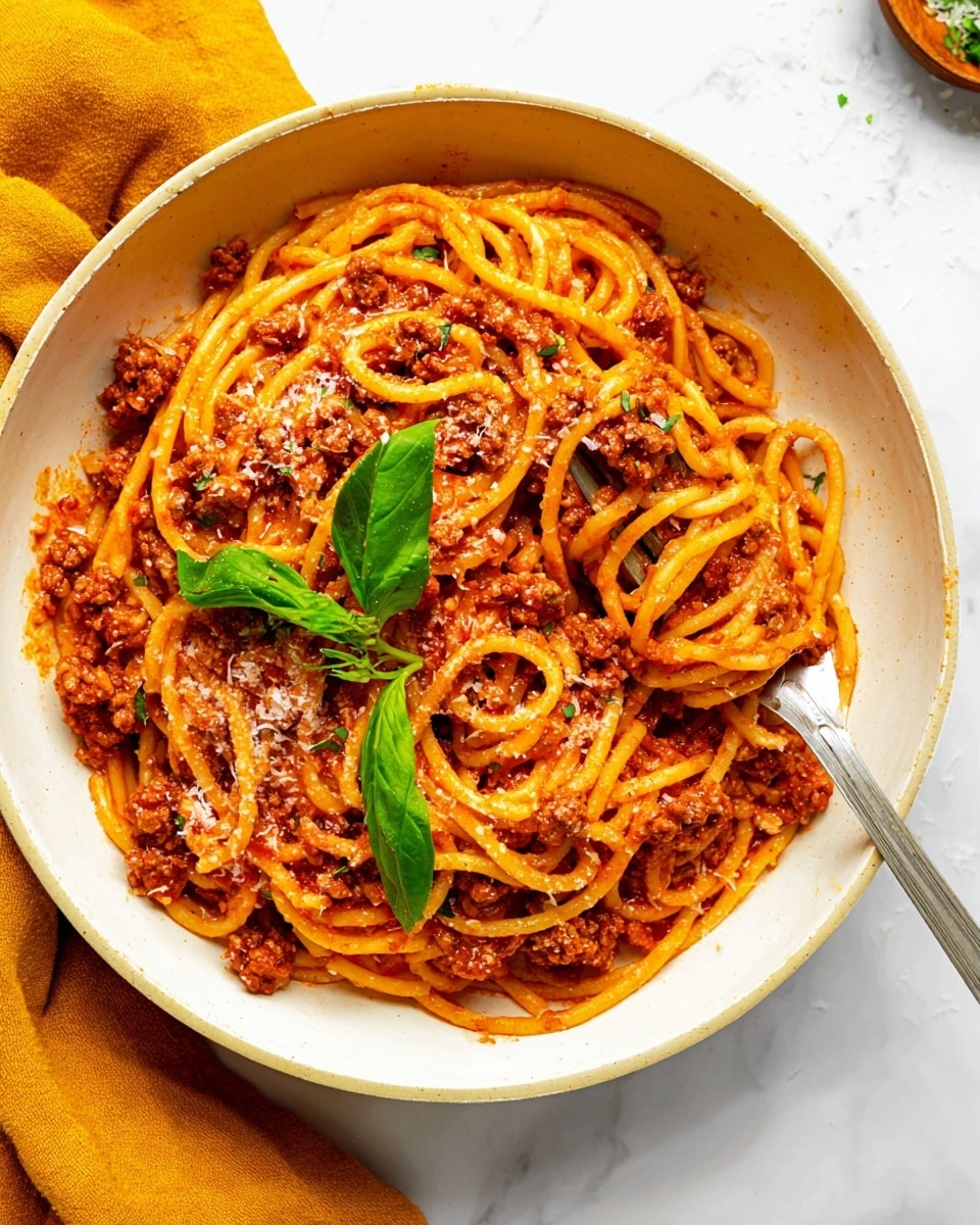 A white bowl filled with a serving of spaghetti covered in a thick red meat sauce, with small crumbled pieces of meat mixed throughout the pasta. The spaghetti strands are well coated in the sauce, creating a rich orange-red color. There are a few bright green basil leaves placed on top, adding a fresh contrast. Small white specks of grated cheese are sprinkled over the surface. A silver fork is twirling some spaghetti near the edge of the bowl. The bowl sits on a white marbled surface with a mustard yellow cloth partially visible nearby. Photo taken with an iphone --ar 4:5 --v 7