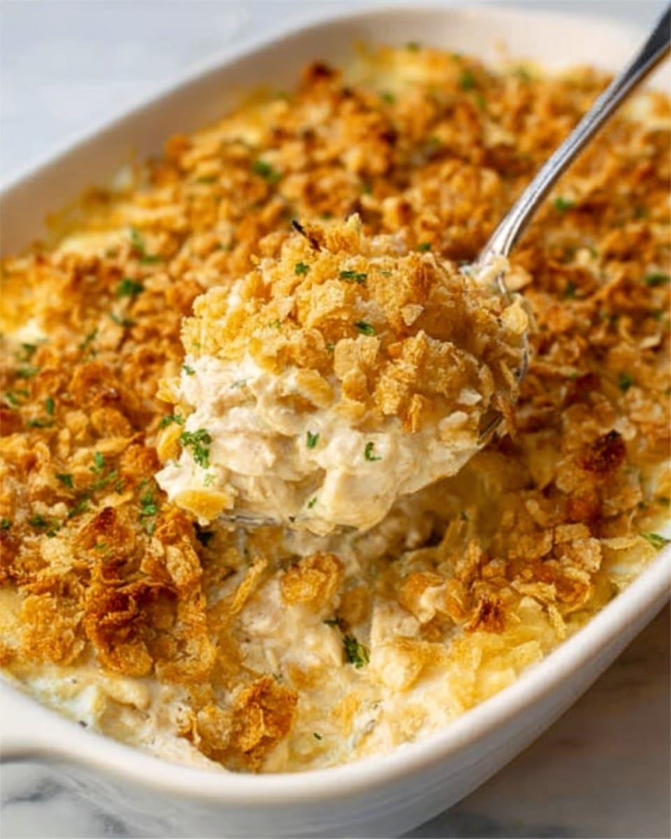 A white casserole dish filled with a creamy chicken and herb mixture, topped with a thick layer of golden brown crushed crackers that add a crunchy texture. A spoon lifts a scoop of the creamy filling, showing a mix of tender white meat pieces, herbs, and sauce inside. The surface beneath the dish is a white marbled texture. Photo taken with an iphone --ar 4:5 --v 7