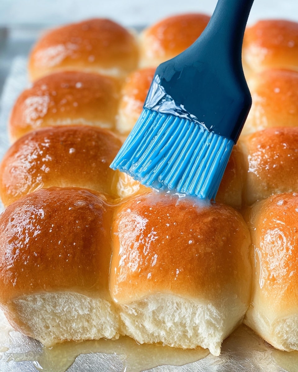 A close-up view of nine golden brown dinner rolls arranged closely in a 3x3 grid on a white marbled textured surface. The rolls have a smooth, shiny texture on top, and some areas show a glossy coating of melted butter being brushed on with a blue silicone pastry brush held by a woman's hand. The butter makes the top of the rolls glisten, adding a wet look. The edges of the rolls appear soft and pillowy, and the overall color blends warm light browns and honey shades. Photo taken with an iphone --ar 4:5 --v 7