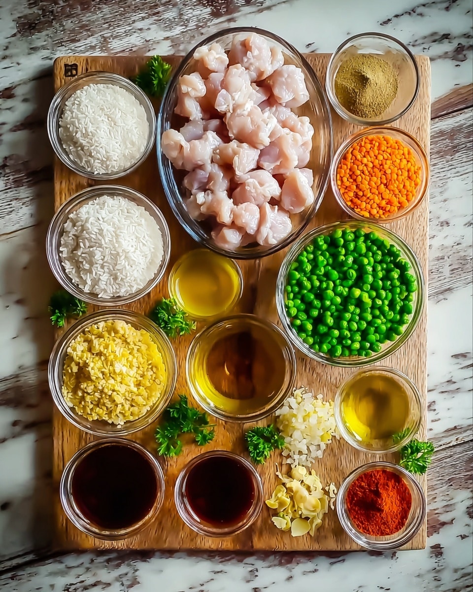 The image shows a wooden board with many small glass bowls and one oval glass dish. The oval dish at the top center holds many pale pink, raw chicken pieces. Around it, there are bowls with different ingredients arranged neatly: bright green peas at the top right, orange lentils below peas, yellow split lentils below lentils, and chopped garlic next to the lentils on the right. There are three bowls of white rice on the left side arranged in a triangle shape. Several bowls hold different colored liquids and powders—clear yellow oil, dark brown sauce, light yellow powder, and red spices spread evenly. A few green parsley sprigs are between the bowls giving a touch of fresh green. The wooden board sits on a white marbled textured surface. photo taken with an iphone --ar 4:5 --v 7