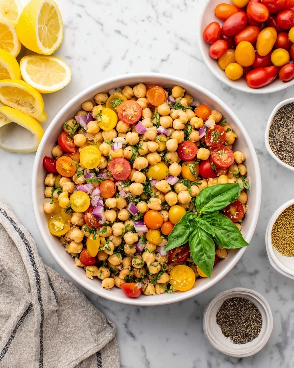 A white bowl filled with a colorful chickpea salad placed on a white marbled surface.