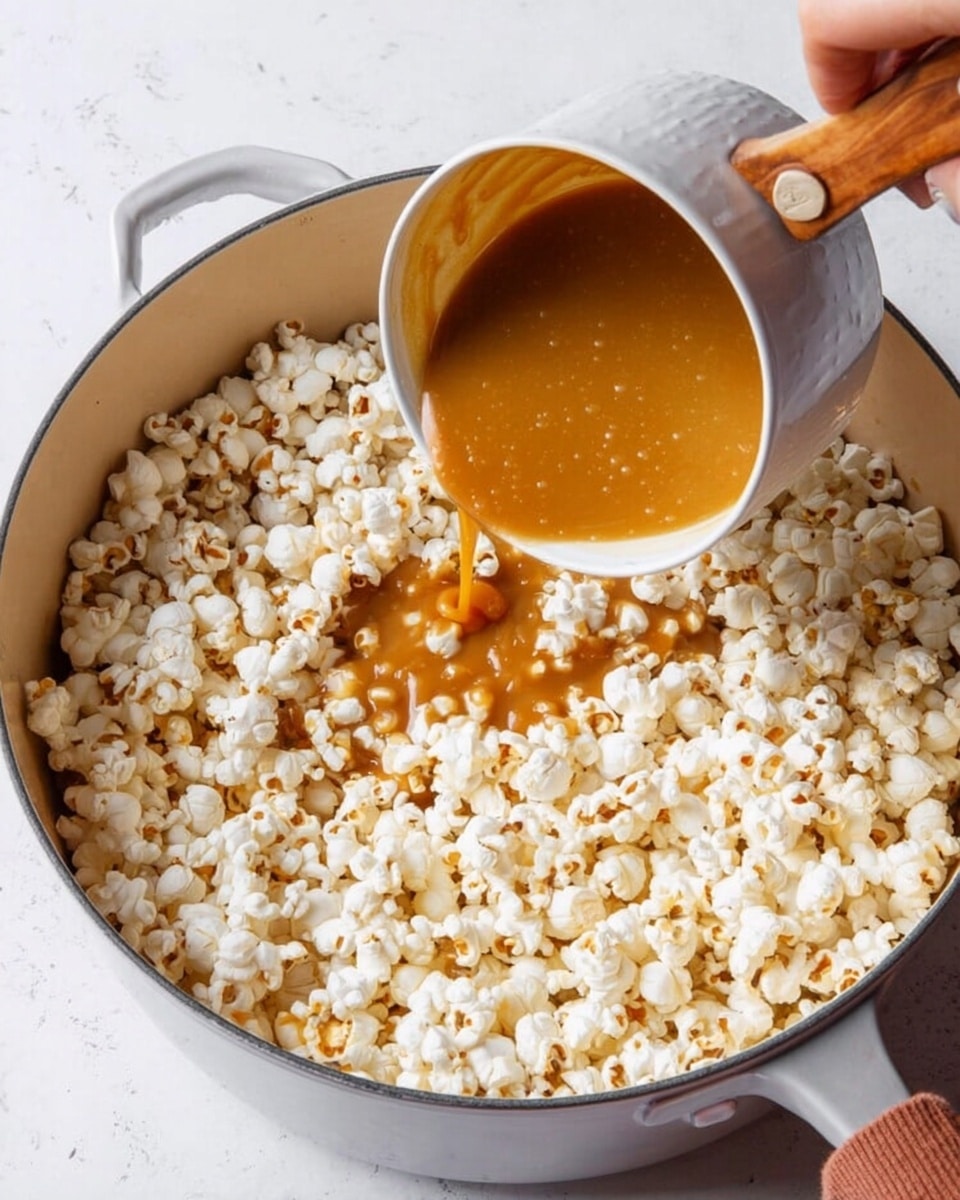 A large white bowl of popcorn being drizzled with caramel