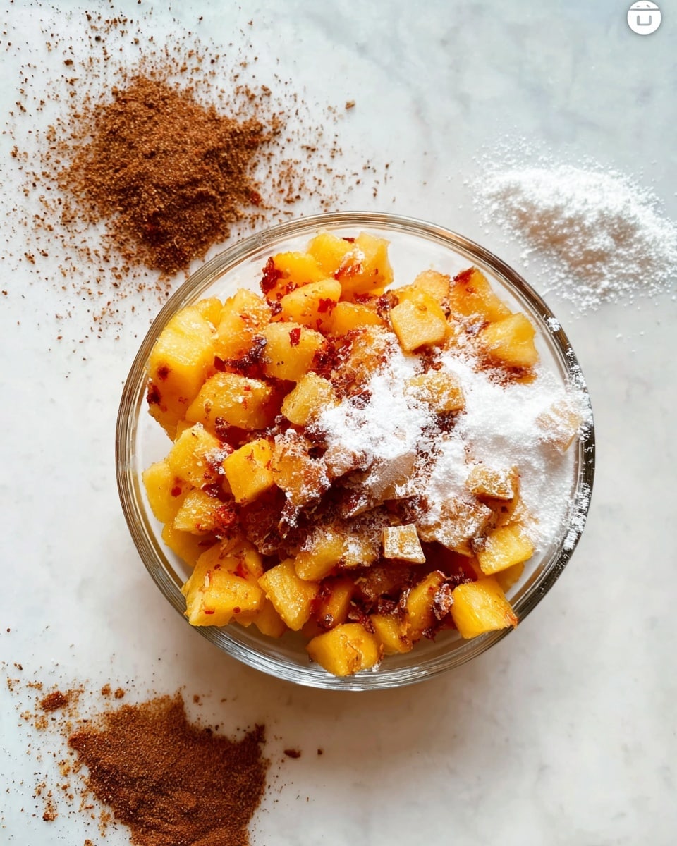 A clear glass bowl filled with small chopped pieces of orange-yellow fruit with red touches, likely peaches, covered in a layer of white powder and light brown powder sprinkled on top. The bowl is placed on a white marbled surface, showing a mix of smooth and slightly crumbly textures from the powders, sitting above the soft, juicy fruit pieces. Photo taken with an iphone --ar 4:5 --v 7