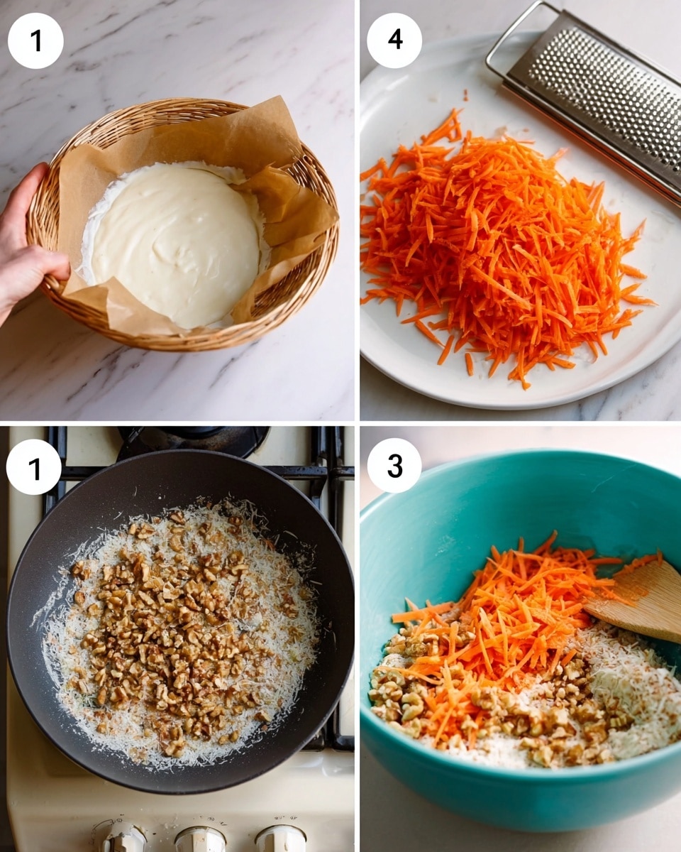 A set of four images showing steps of a recipe preparation on a white marbled surface. The first image shows a woman's hand holding a basket lined with light brown parchment paper filled with a smooth, white, creamy batter. The second image shows a pile of bright orange shredded carrots on a white plate, with a metal grater and carrot pieces behind. The third image shows a black pan on a stove filled with chopped walnuts and some coconut flakes being toasted. The fourth image shows a large turquoise bowl filled with light batter mixed with shredded carrots, chopped walnuts, and other dry ingredients, with a wooden spoon placed inside. Photo taken with an iphone --ar 4:5 --v 7