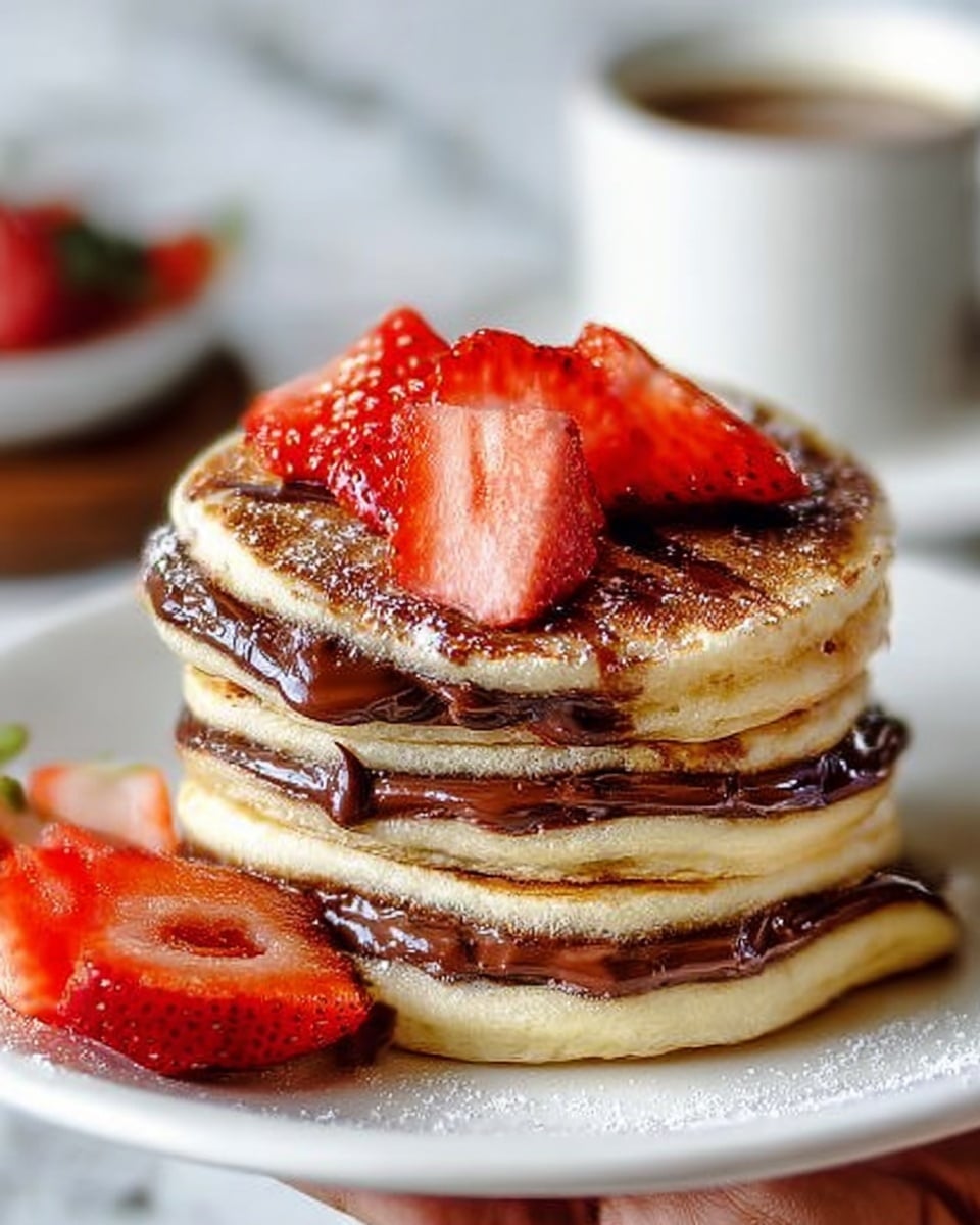 A stack of four thick golden pancakes is on a white plate, each pancake filled with a rich, melted chocolate layer visible between them. On top, several fresh bright red strawberry slices are scattered, adding a juicy and fresh touch. The white marbled surface underneath enhances the colors, with a blurred background showing a white cup. A woman's hand is holding the plate from the side. photo taken with an iphone --ar 4:5 --v 7