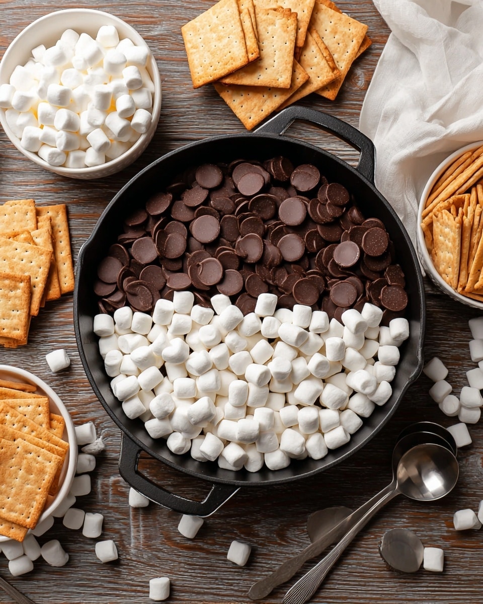 A black pan filled halfway with two layers: the bottom layer is dark brown chocolate discs spread evenly, and the top layer is small white marshmallows arranged tightly covering half of the chocolate. Surrounding the pan on a rustic wooden table are white bowls holding more chocolate discs and marshmallows, light beige square crackers stacked neatly, some loose marshmallows scattered, and two shiny metal spoons placed on the right side. The whole scene is set on a white marbled textured background. photo taken with an iphone --ar 4:5 --v 7
