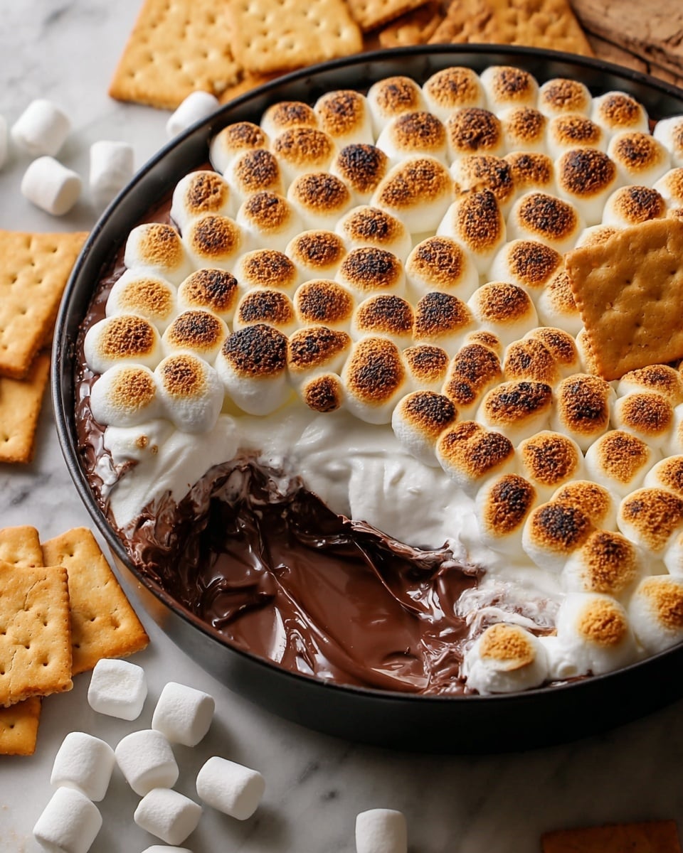 The image shows a round black pan filled with a s'mores dip on a white marbled surface. The dip has three visible layers: the bottom layer is melted dark brown chocolate, the middle layer is white melted marshmallow, and the top layer is made of toasted golden brown marshmallows arranged closely in rows. A portion of the dip near the front side is scooped out, showing the soft layers inside. On the right side, two square golden brown crackers rest partly on the marshmallows. Around the pan, some whole white marshmallows and more crackers can be seen scattered on the white marbled surface. photo taken with an iphone --ar 4:5 --v 7