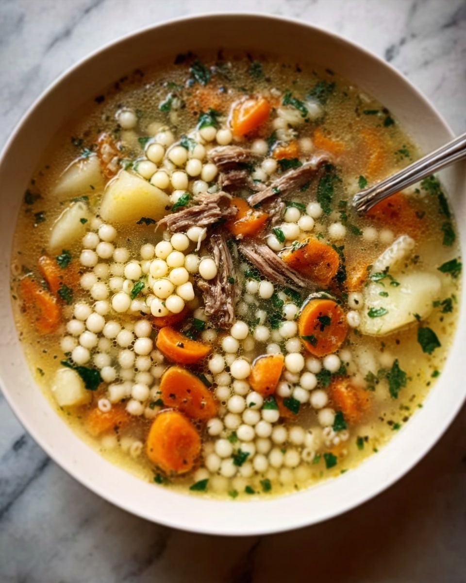 The image shows a white bowl filled with a warm soup. The soup has small round pasta pearls floating in a clear broth with green herbs. There are pieces of orange carrot slices and chunks of white potatoes mixed with shredded brown meat. A silver spoon is placed inside the bowl. The bowl is set on a white marbled surface. photo taken with an iphone --ar 4:5 --v 7