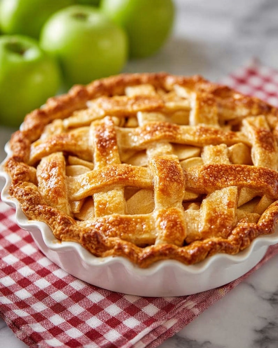 A freshly baked apple pie sits in a white scalloped pie dish, featuring a golden brown lattice crust with a shiny, slightly textured surface from egg wash. The lattice strips are thick, woven evenly showing tender apple slices with a light golden color underneath. The crust edge is crimped and browned, giving a flaky look. The pie is placed on a red and white checkered cloth on a white marbled surface, with bright green apples blurred in the background. Photo taken with an iphone --ar 4:5 --v 7