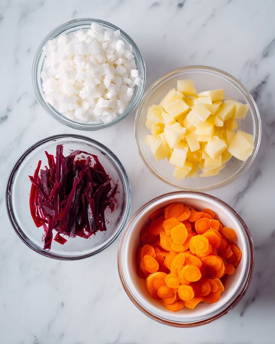 The image shows four clear and white bowls on a white marbled surface. The first bowl at the top left is clear and filled with small, white chopped pieces. The second bowl at the top right is larger, clear, and contains light yellow cubed pieces submerged in water. The third clear bowl at the bottom left has long, thin slices of dark red vegetables. The fourth bowl at the bottom right is small and white, filled with round, bright orange slices. The bowls are arranged with two on top and two at the bottom in a loose square. photo taken with an iphone --ar 4:5 --v 7