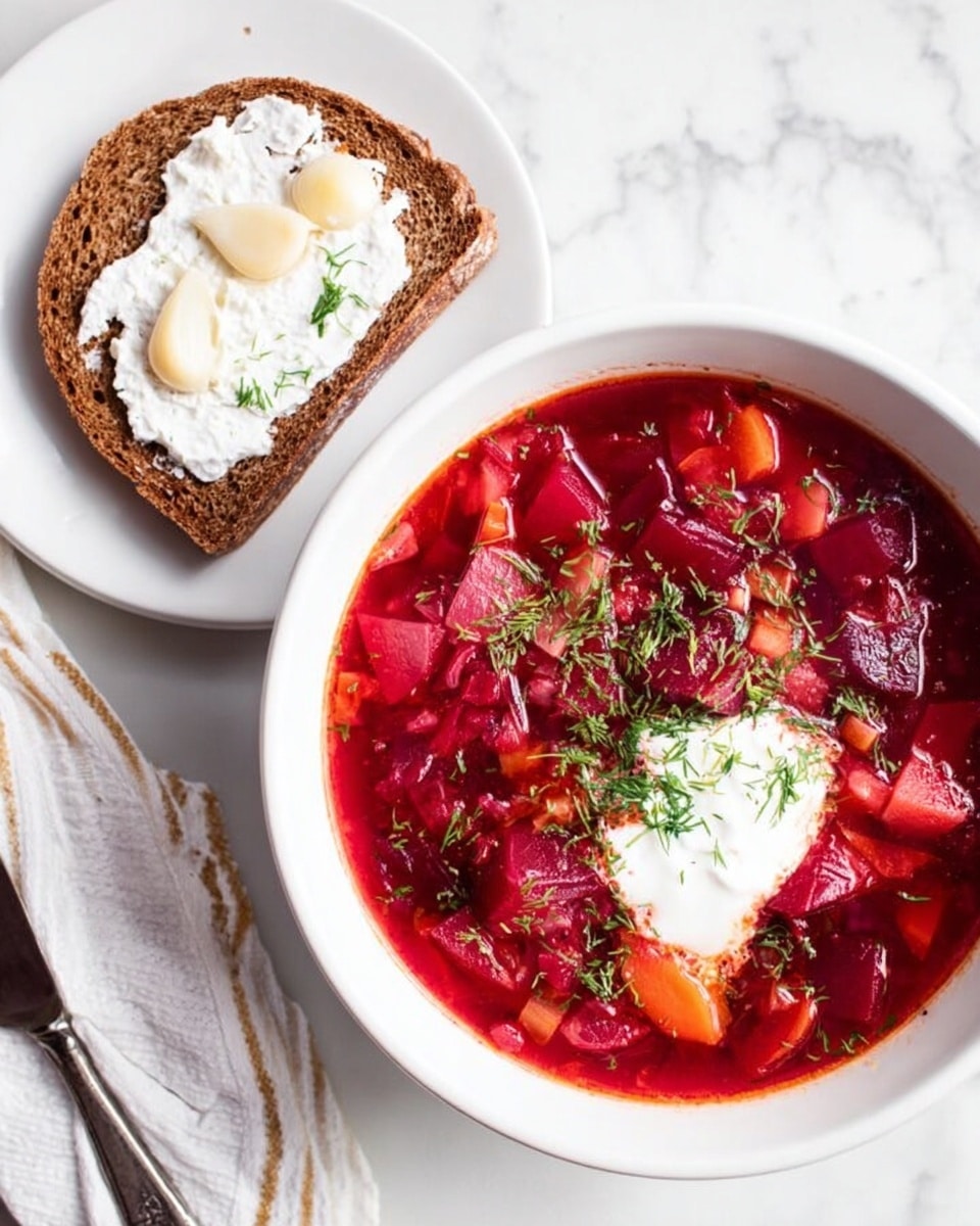 A white bowl filled with deep red soup containing chunks of beetroot, carrots, and herbs, topped with a dollop of white sour cream and a small green dill sprig on the right side; next to it is a white plate holding a slice of brown bread spread evenly with white cream and two garlic cloves on the left side of the bread. The bowl and plate are placed on a white marbled surface with a white and grey striped cloth partially visible under the bowl, photo taken with an iphone --ar 4:5 --v 7
