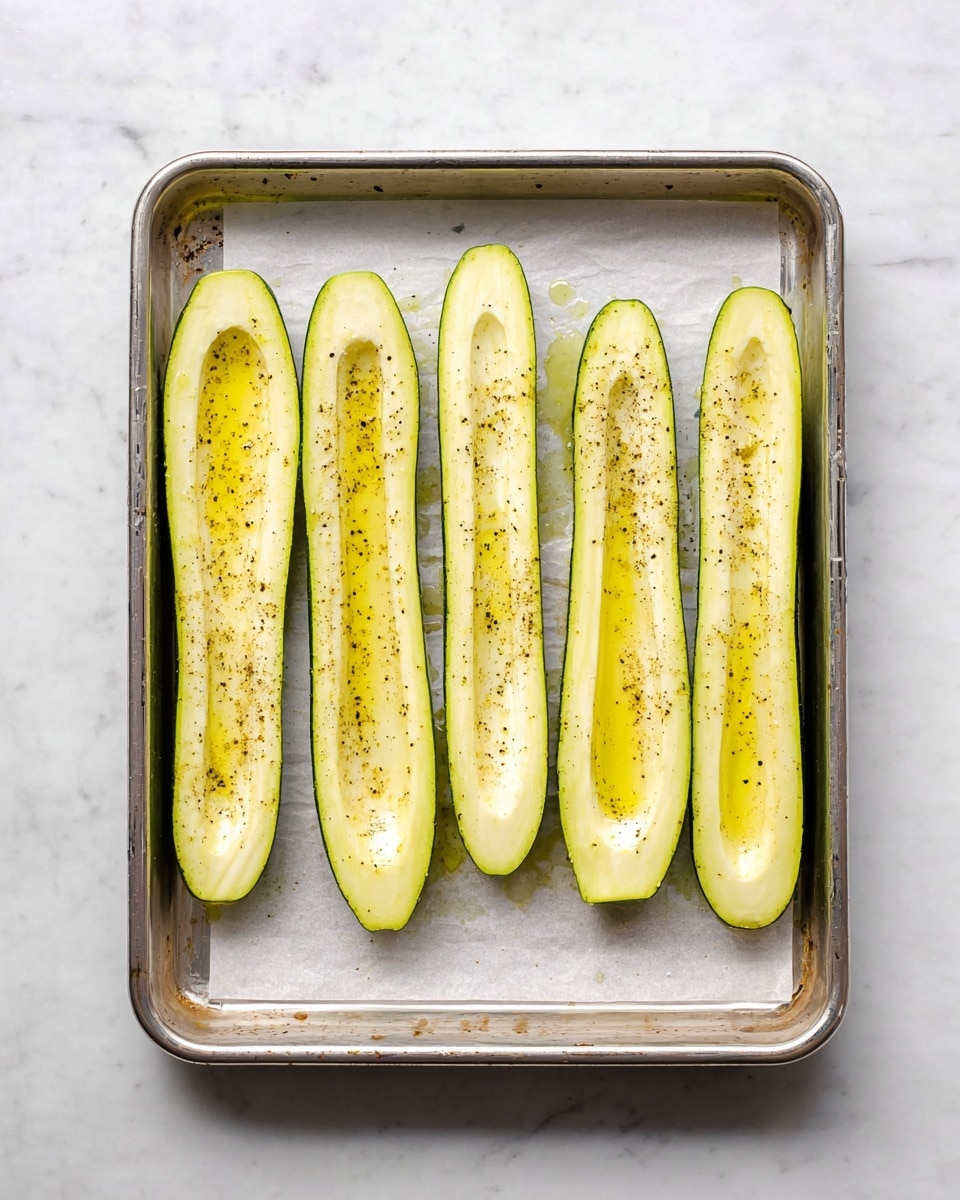 A metal baking tray with a layer of parchment paper holds seven zucchini halves, all cut lengthwise and hollowed out. Each zucchini half shows a pale green skin on the outside with a smooth, light yellowish flesh inside, sprinkled with small black pepper bits and drizzled with a thin layer of olive oil, giving a shiny texture. The tray is set on a white marbled surface. photo taken with an iphone --ar 4:5 --v 7