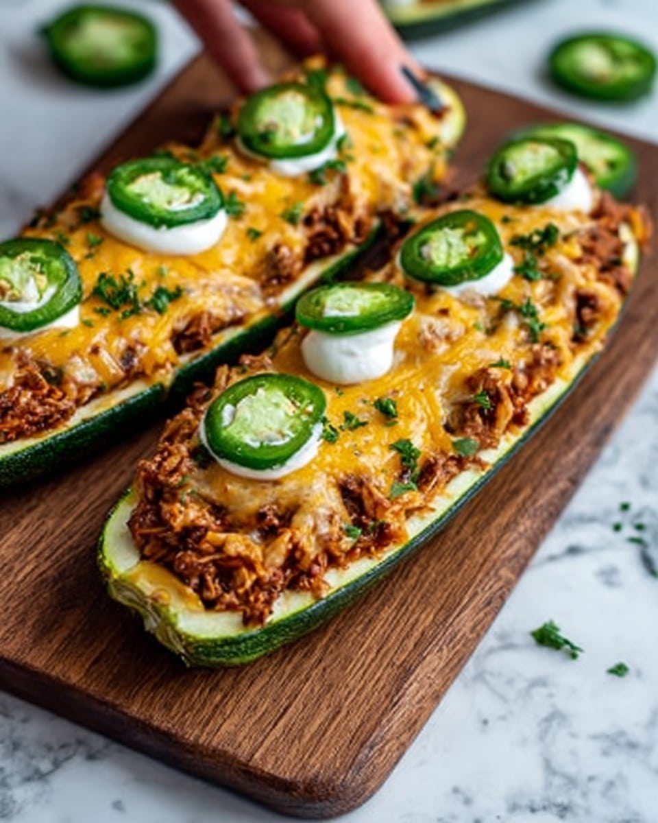 The image shows two zucchini boats placed side by side on a wooden board, each stuffed with a rich mix of brown shredded meat and melted golden cheddar cheese on top. The cheese layer is smooth and creamy, melting over the meat filling, with thin green jalapeño slices arranged on top for a fresh pop of color and a hint of spice. Small dollops of white sour cream sit on the cheese near the jalapeños, with finely chopped green parsley sprinkled over everything. The wooden board contrasts with the white marbled surface beneath it, and a woman's hand is reaching from the side, about to pick up one of the zucchini boats. Photo taken with an iphone --ar 4:5 --v 7