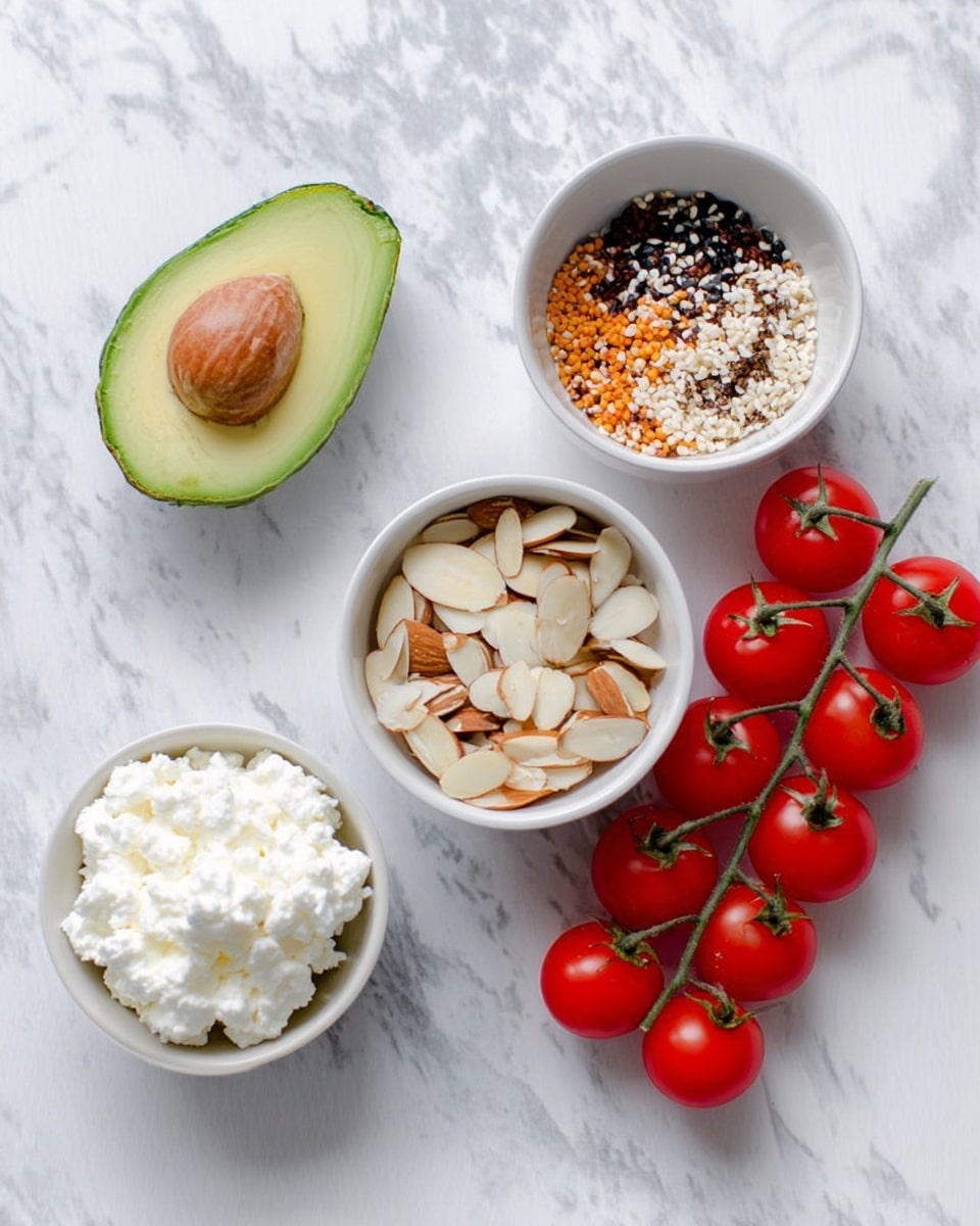 The image shows four separate food items placed on a white marbled surface. At the top left is half an avocado with smooth light green flesh and a brown edge. Below the avocado, there is a white bowl filled with a colorful mix of black, white, orange, and brown seeds and spices. To the right of the avocado, there is a white bowl containing sliced almonds in light brown and beige tones. In the center, a white bowl holds a mound of white cottage cheese with a soft, grainy texture. To the right side of the bowls, there is a bunch of bright red cherry tomatoes attached to a green vine. Photo taken with an iphone --ar 4:5 --v 7
