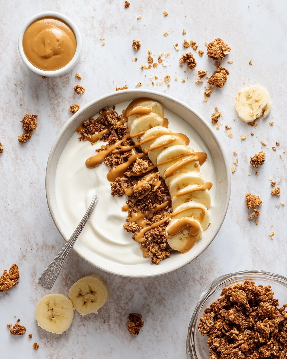 A white bowl filled with three visible layers: the bottom layer is smooth white yogurt, the middle layer arranged diagonally with sliced banana rounds, and the top layer a scattering of brown crunchy granola clusters. Drizzled over the bananas and granola is a light brown peanut butter sauce. A silver spoon rests inside the bowl on the yogurt side. Around the bowl are scattered granola pieces and banana slices on a white marbled surface. Nearby, a small white bowl contains creamy peanut butter, and a clear glass bowl holds extra granola. Photo taken with an iphone --ar 4:5 --v 7