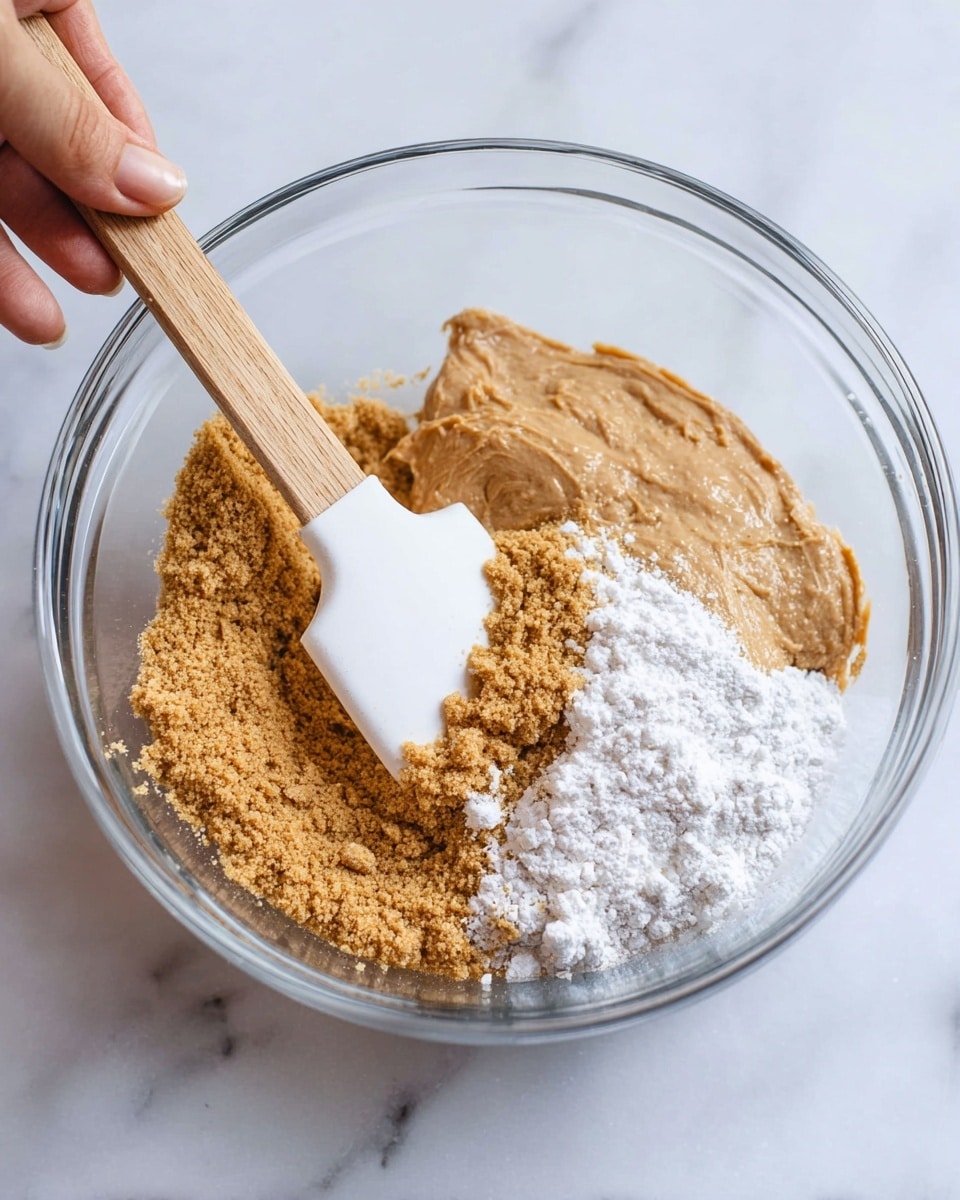 A clear glass bowl holds three layers of ingredients: at the bottom right is a thick, light brown smooth mixture with a slightly grainy texture, on the left side there is a loose pile of crumbly light brown sugar, and on the top right, a mound of fine, white powdered sugar. A white spatula with a wooden handle is partially submerged in the ingredients, held by a woman's hand, positioned at the top left corner. The bowl sits on a white marbled surface. photo taken with an iphone --ar 4:5 --v 7