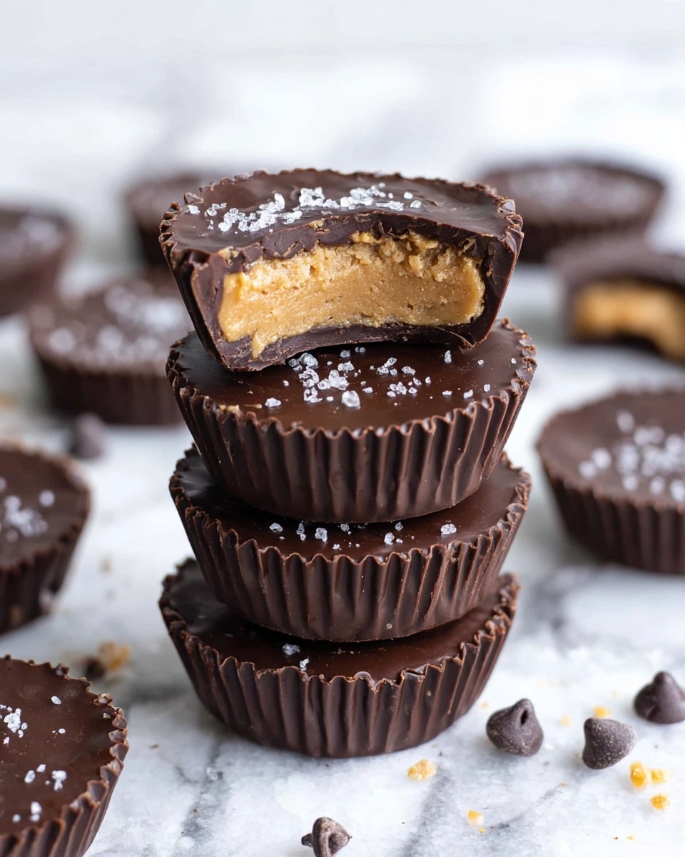 A stack of four chocolate peanut butter cups sits in the center on a white marbled surface, each cup showing a dark glossy chocolate outer layer with a lighter tan peanut butter filling inside. The top cup has a bite taken out, exposing a thick, crumbly peanut butter layer in the middle surrounded by smooth chocolate. There are small white salt flakes sprinkled on top of the cups, and chocolate chips and crumbs are scattered around on the surface. More peanut butter cups are blurred in the background, creating depth. Photo taken with an iphone --ar 4:5 --v 7