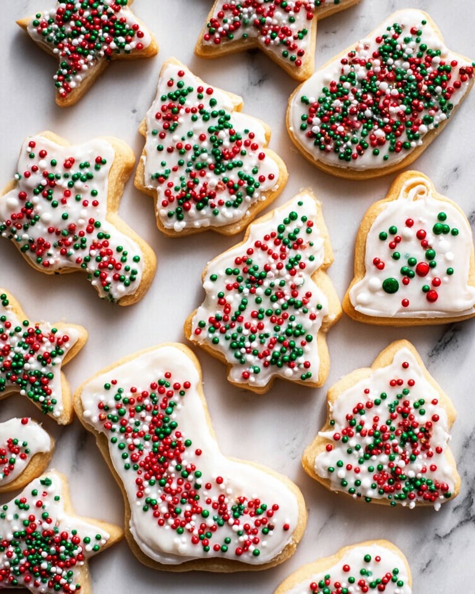 Several Christmas cookies are spread out on a white marbled surface, each with a single thick layer of white icing on top. The cookies come in various shapes including stars, Christmas trees, stockings, bells, and ornaments, all with a golden-brown baked texture visible on the edges beneath the icing. On top of the white icing, multicolored round sprinkles in red, green, and white colors cover each cookie densely, adding a festive touch. The overall look is bright and cheerful with a mix of smooth icing and crunchy sprinkles on soft cookie bases, photo taken with an iphone --ar 4:5 --v 7