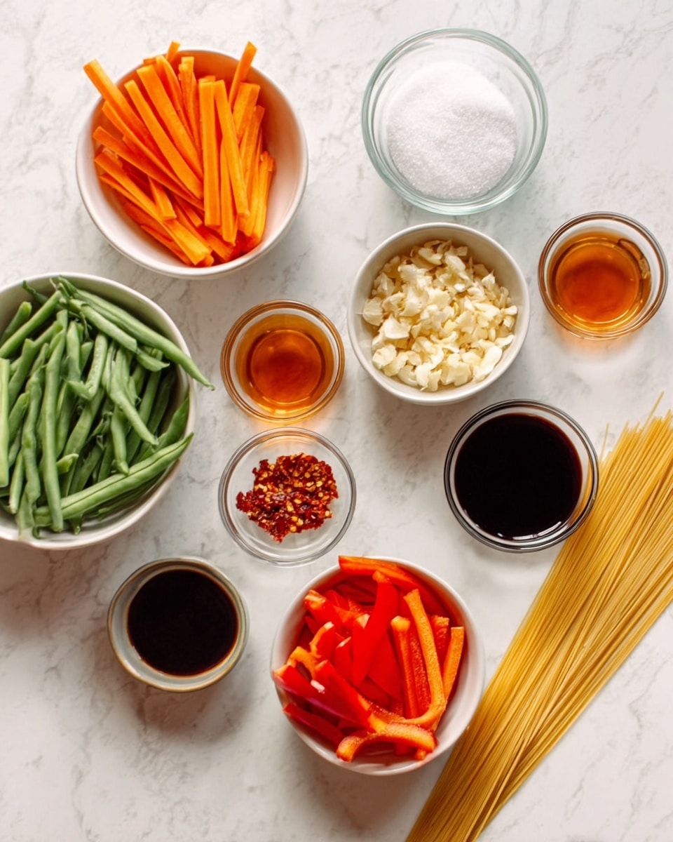The image shows several small white bowls arranged neatly on a white marbled surface, each filled with different ingredients. There is one bowl with orange carrot sticks, another with a dark brown sauce, and a third with light brown chopped garlic. A few small glass bowls contain light amber liquid, red chili flakes, and dark soy sauce. A white bowl holds cut green beans, and another bowl has sliced red bell peppers. There is also a glass filled with white granulated sugar and a small bunch of uncooked rice noodles placed near the bowls. The scene looks clean, organized, and ready for cooking preparation. Photo taken with an iphone --ar 4:5 --v 7