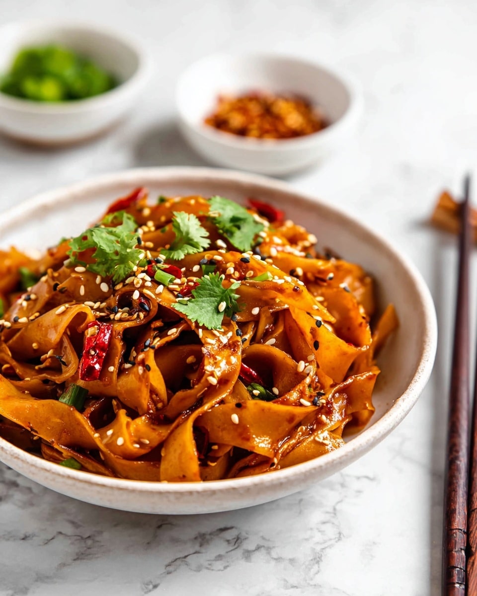 A white bowl filled with wide, flat noodles coated in a shiny reddish-brown sauce forms the main layer, mixed with pieces of red chili and small green onions, all sprinkled with white and black sesame seeds and fresh green cilantro leaves on top. The noodles look soft and twisted naturally, creating a textured, inviting look. In the background, there are two small white bowls blurred out, one with a green leafy ingredient and the other with a red spice mix, placed on a white marbled surface. A pair of dark brown chopsticks rests on the right side. Photo taken with an iphone --ar 4:5 --v 7