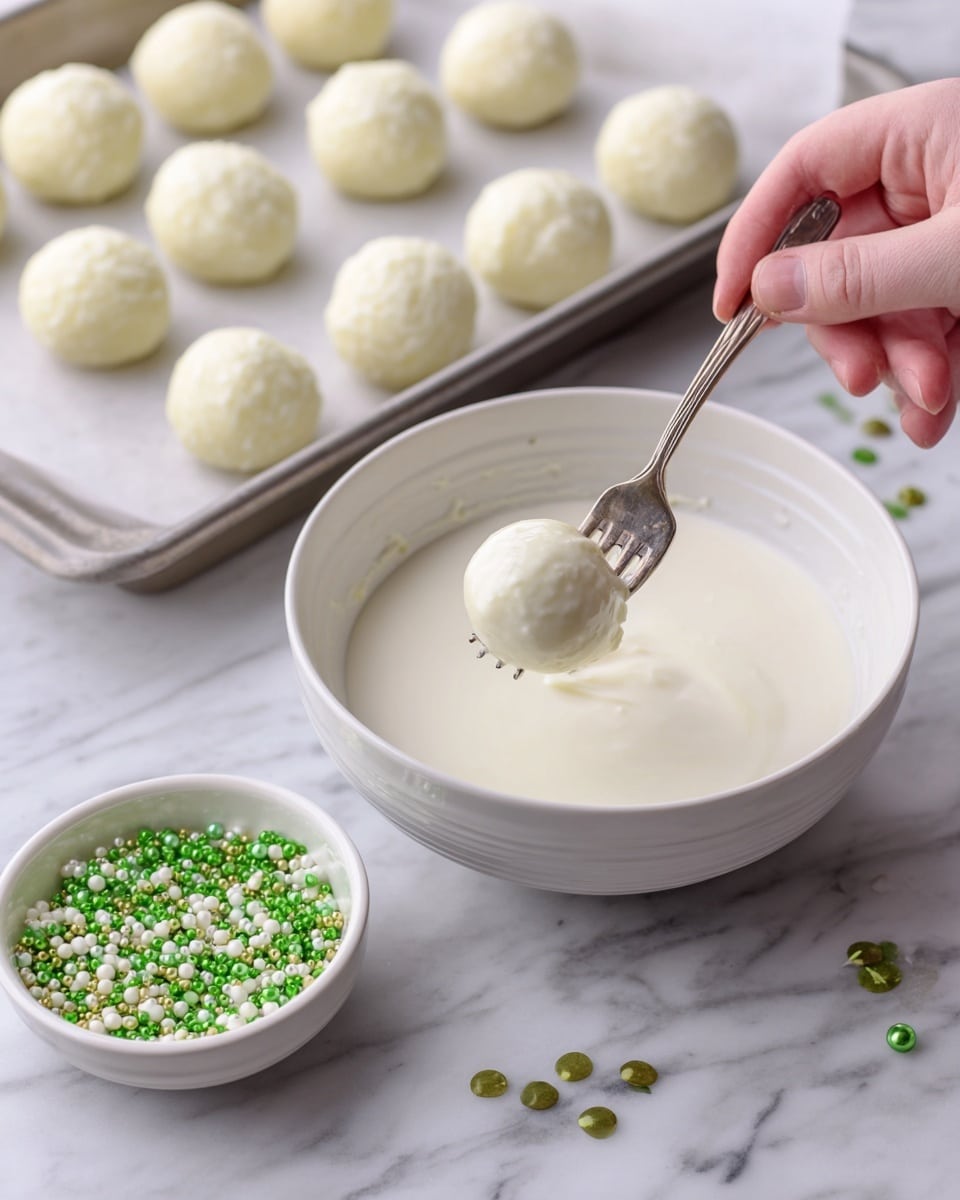 A woman's hand holds a small fork with a round white ball dipped in creamy white coating above a white bowl filled with smooth white liquid. In the background, there is a metal tray lined with paper holding multiple round balls of the same size and color. On the white marbled surface near the bowl, a small white bowl contains a mixture of green and white round sprinkles with some shiny green leaf shapes. The scene is well-lit and clean, showing a step of coating the balls for decoration or dessert making photo taken with an iphone --ar 4:5 --v 7