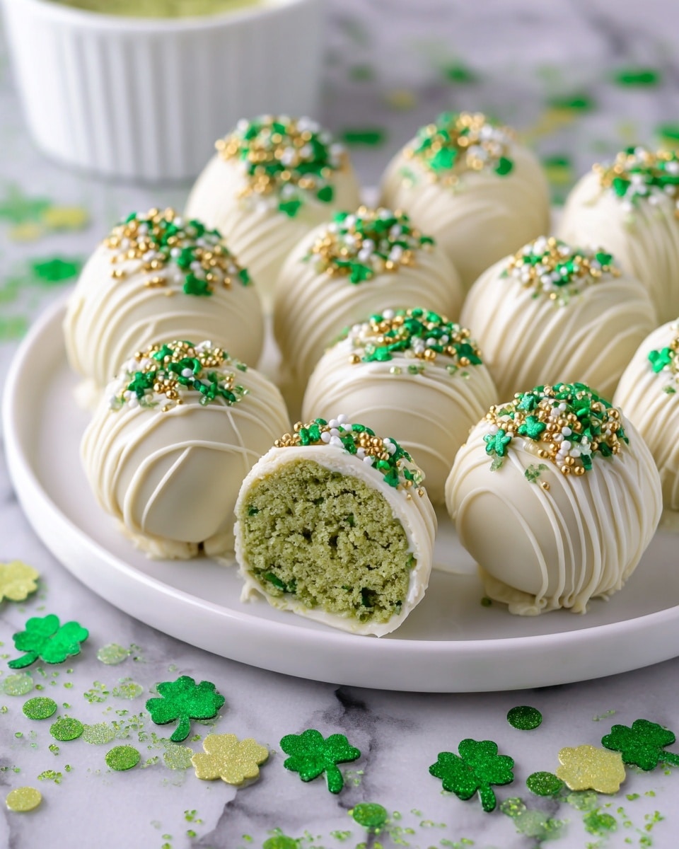 The image shows a tray of twelve white chocolate-covered balls arranged in neat rows on parchment paper. Each ball is decorated with a drizzle of white chocolate forming thin curved lines across their surface. On top, there are small green, white, and gold sprinkles scattered liberally, including round and small flat shapes. Some of the balls have a shiny green four-leaf clover glitter decoration placed at the center. The tray sits on a white marbled surface, with additional sprinkles scattered around the balls on the paper. In the background, a white dish with green powder is partially visible. Photo taken with an iphone --ar 4:5 --v 7