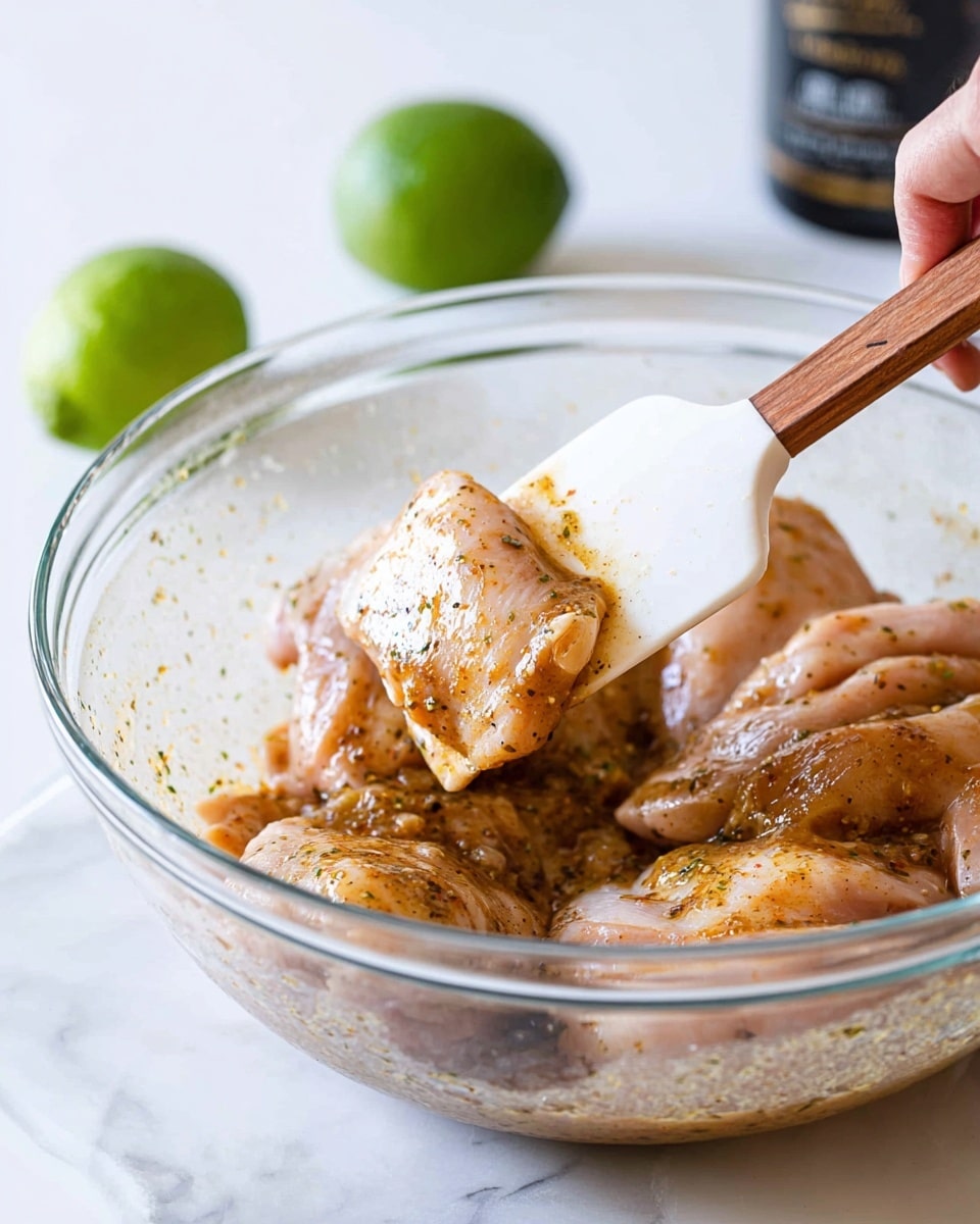 A clear glass bowl sitting on a white marbled surface holds several pieces of raw chicken soaked in a light brown marinade with visible spice specks. A woman's hand is holding a white spatula with a wooden handle, lifting one piece of chicken coated in the marinade. In the background, a whole green lime and a dark container are softly blurred. The overall scene is bright and clean. photo taken with an iphone --ar 4:5 --v 7