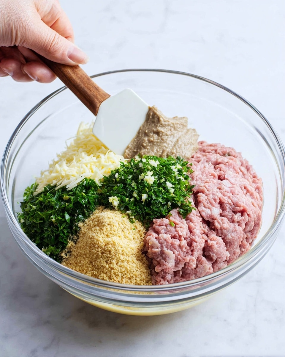A clear glass bowl sits on a white marbled surface, holding six separate layers of ingredients before mixing. At the front, there is a smooth mound of light pink ground meat. Next to it, on the right side, is a thick, light brown paste with a slightly uneven texture. At the center is a pile of finely chopped bright green herbs, topped with a small heap of minced pale yellow garlic. To the left, there is a pile of finely ground golden-brown crumbs, and behind the herbs is a soft, off-white shredded cheese. The base underneath all these layers appears to be a pale yellow liquid. A woman's hand is holding a white spatula with a wooden handle, poised inside the bowl. The setting is bright and simple. photo taken with an iphone --ar 4:5 --v 7