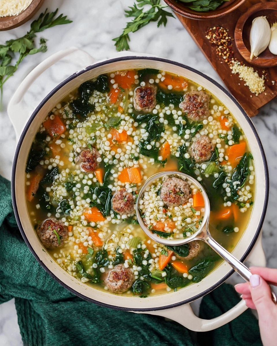 A white pot filled with a clear broth soup showing many small round pasta pearls, green leafy spinach, orange carrot slices, and small brown meatballs all mixed together. The soup has a bright mix of colors with the orange carrots and dark green spinach contrasting with the pale broth and light pasta. A woman's hand holds a ladle filled with a scoop of the soup showing visible layers of meatballs, spinach, carrots, and pasta. The pot is set on a white marbled surface with a green cloth nearby and some cooking ingredients around it. photo taken with an iphone --ar 4:5 --v 7