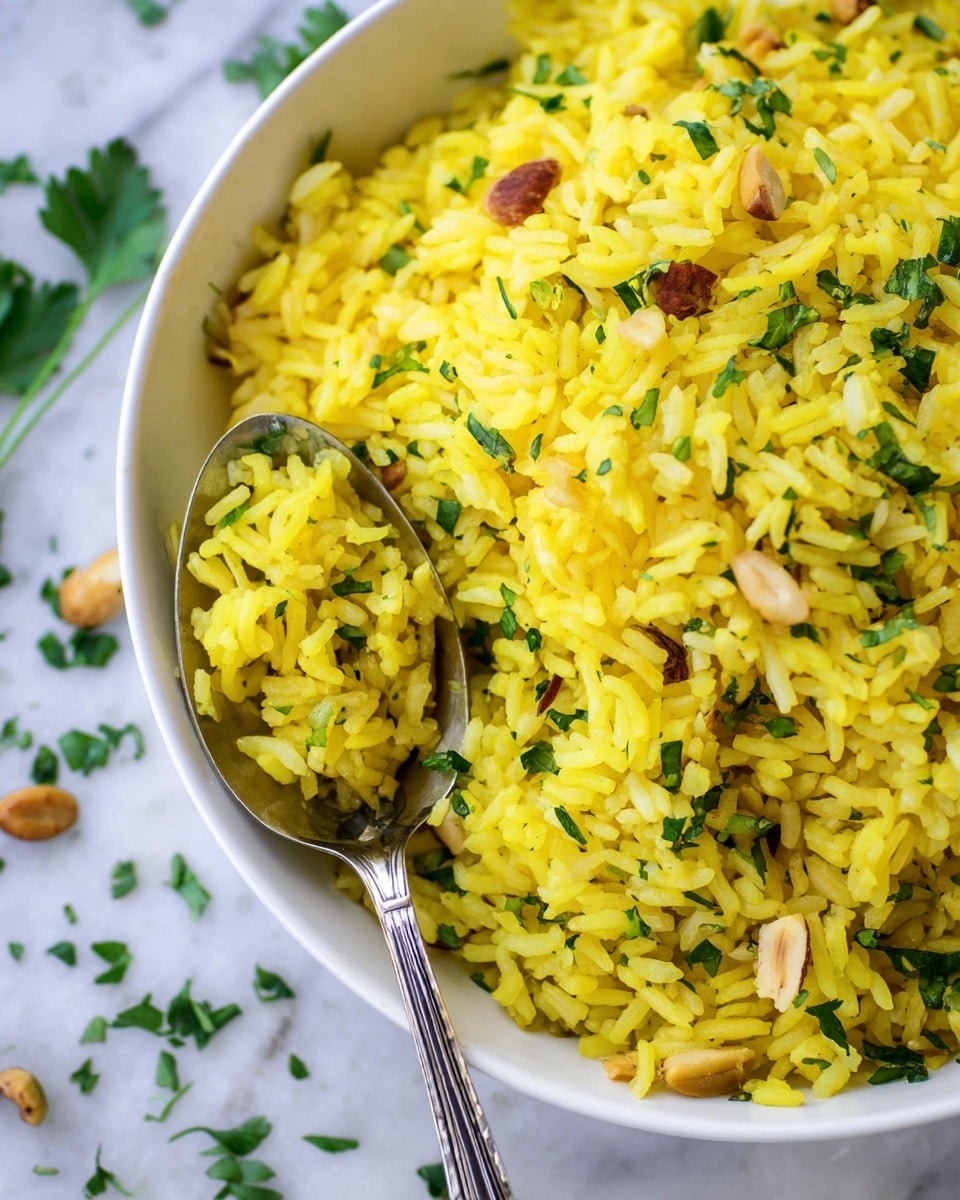 A close-up view of bright yellow rice mixed with small green herb pieces and light brown nuts, shown in a white bowl. The rice grains look fluffy and separate, with a spoon holding some rice near the center right. The background is a white marbled surface with bits of green herbs and nuts scattered around. The colors are fresh and vibrant, highlighting the yellow rice as the main focus. photo taken with an iphone --ar 4:5 --v 7
