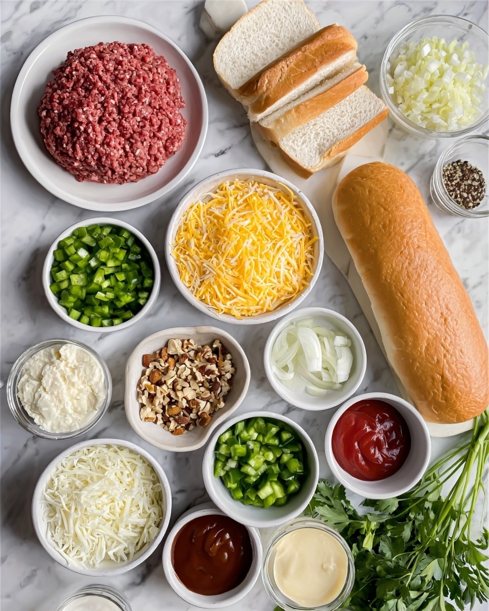The image shows a top view of various white bowls and plates placed on a white marbled surface. Each bowl holds a different ingredient: one plate with raw ground beef, a wide white plate with one long loaf of bread sliced partly down the middle, a bowl with a mix of shredded yellow and white cheese, a bowl filled with chopped green peppers, a bowl of chopped white onions, small bowls containing minced garlic cloves, tomato paste, brown sauce, mustard, barbecue sauce, chopped nuts, and shredded white cheese. Fresh green parsley sprigs lie alongside some bowls, adding a vibrant green contrast. At the right side, a woman's hand is partially visible, reaching toward the ingredients. photo taken with an iphone --ar 4:5 --v 7