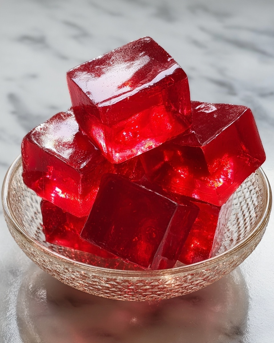 A small clear glass bowl holds about eight shiny red jelly cubes stacked in a loose pile. Each cube is smooth with sharp edges and a bright, transparent red color that catches the light, creating a glowing effect. The bowl rests on a white marbled surface, adding a clean and elegant contrast to the vibrant jelly. The clear glass has a subtle textured pattern on the outside, enhancing the look of the dessert. Photo taken with an iphone --ar 4:5 --v 7