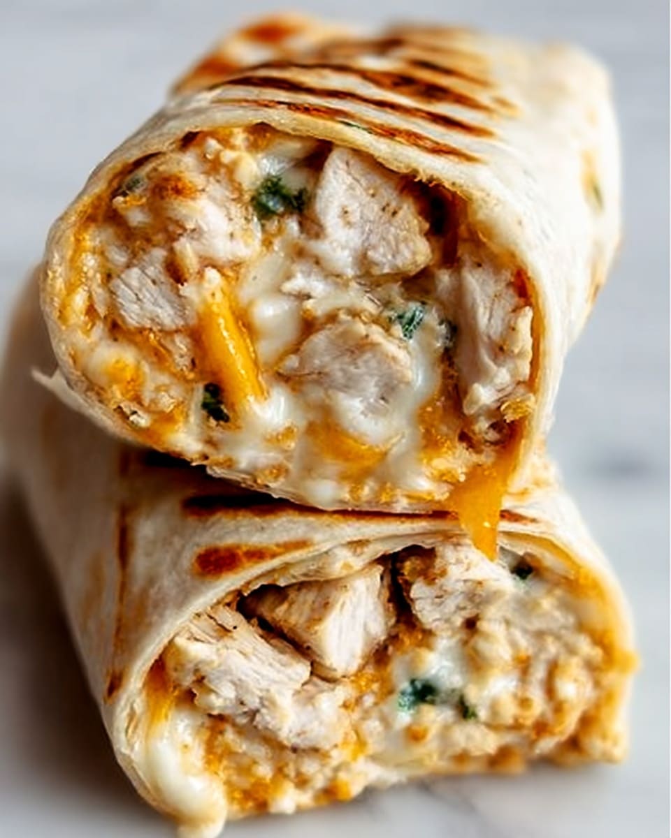A close-up view of two thick wraps stacked on a white surface with a white marbled texture. Each wrap is filled with several layers: the outer layer is a soft, rolled tortilla with light brown grill marks. Inside, the first visible layer consists of tender cooked chicken pieces with a light cream color and slight grill marks, mixed with melted cheese that is creamy white and a pale yellow-orange color. Small green herbs are scattered within the filling, adding tiny green specks. The texture looks soft and warm with gooey melted cheese stretching slightly between the layers. A woman's hand is gently holding the top wrap, showing the burrito's rich, layered filling clearly. Photo taken with an iphone --ar 4:5 --v 7