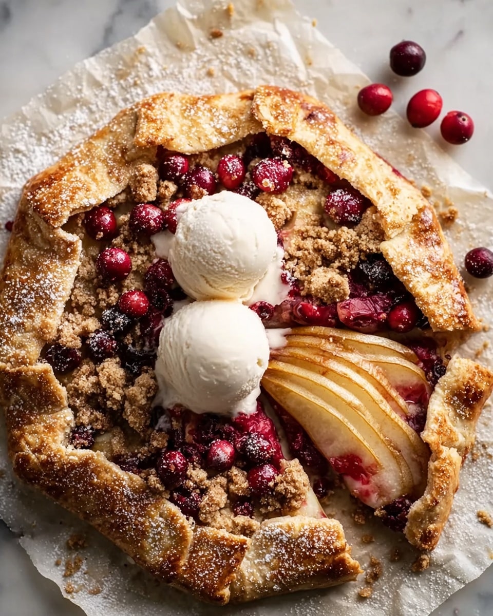 A rustic galette with a golden brown crust folded over the edges of layered fruit inside; the fruit includes thin light brown slices of pear arranged in a fan shape on the bottom right and bright red cranberries scattered on top. Around the fruit there are small crumbles of brown sugar or streusel. On top of the center of the galette sit two scoops of creamy white vanilla ice cream, slightly melting. A few whole cranberries are placed on the white marbled surface around the galette. The whole scene rests on a sheet of parchment paper with some sugar sprinkled around. photo taken with an iphone --ar 4:5 --v 7