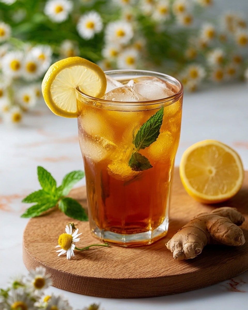 A clear glass filled with amber iced tea, layered with three clear ice cubes floating near the top and several fresh green mint leaves submerged inside. A bright yellow lemon slice is placed on the rim of the glass. The glass sits on a round wooden board, which rests on a white marbled surface. Around the board, there is a piece of light brown ginger root, a halved lemon showing its juicy inside, and some small white chamomile flowers with yellow centers. The background is softly blurred with white and yellow daisy-like flowers and green leaves. Photo taken with an iphone --ar 4:5 --v 7